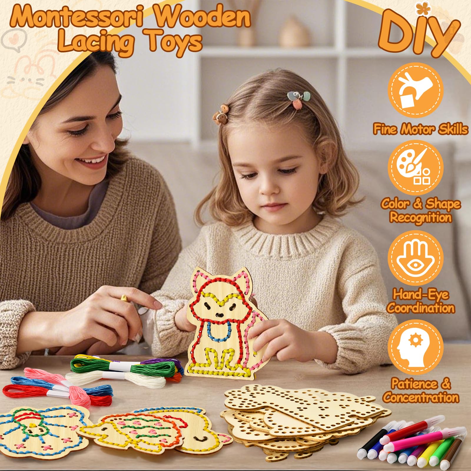 Kit Couture Montessori Pour Enfants - Planches En Bois Et Fils Colorés, Activité Créative Motricité Fine 2-8 Ans