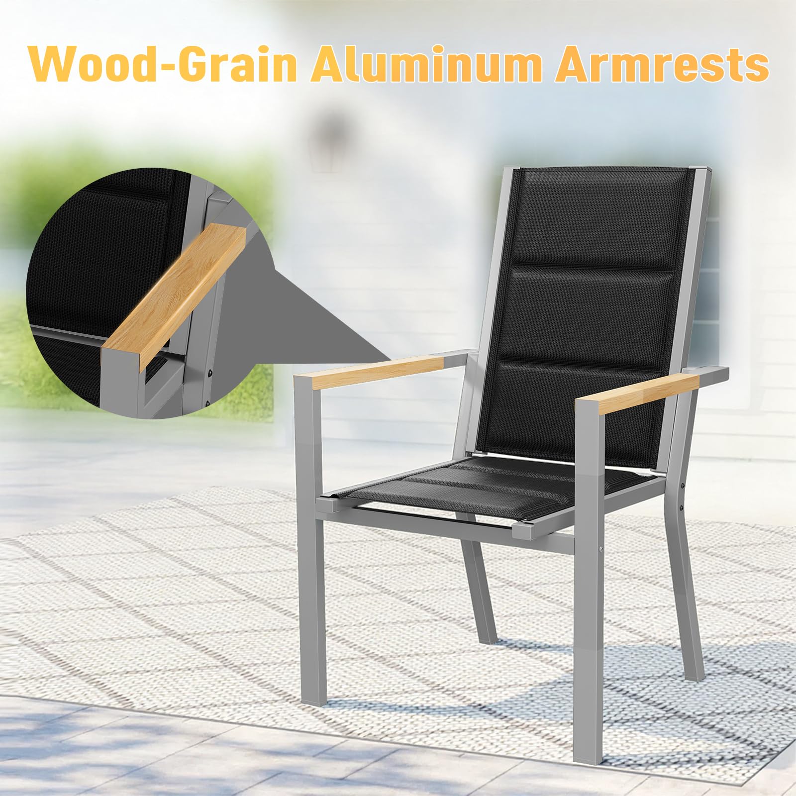 JUMMICO Chaise de Jardin Extérieur Cadre Aluminium avec Accoudoirs Style Bois – Assise Texlin, Empilable et Rangeable sous Table, 160kg de Charge – Parfaite pour Jardin, Cour, Balcon