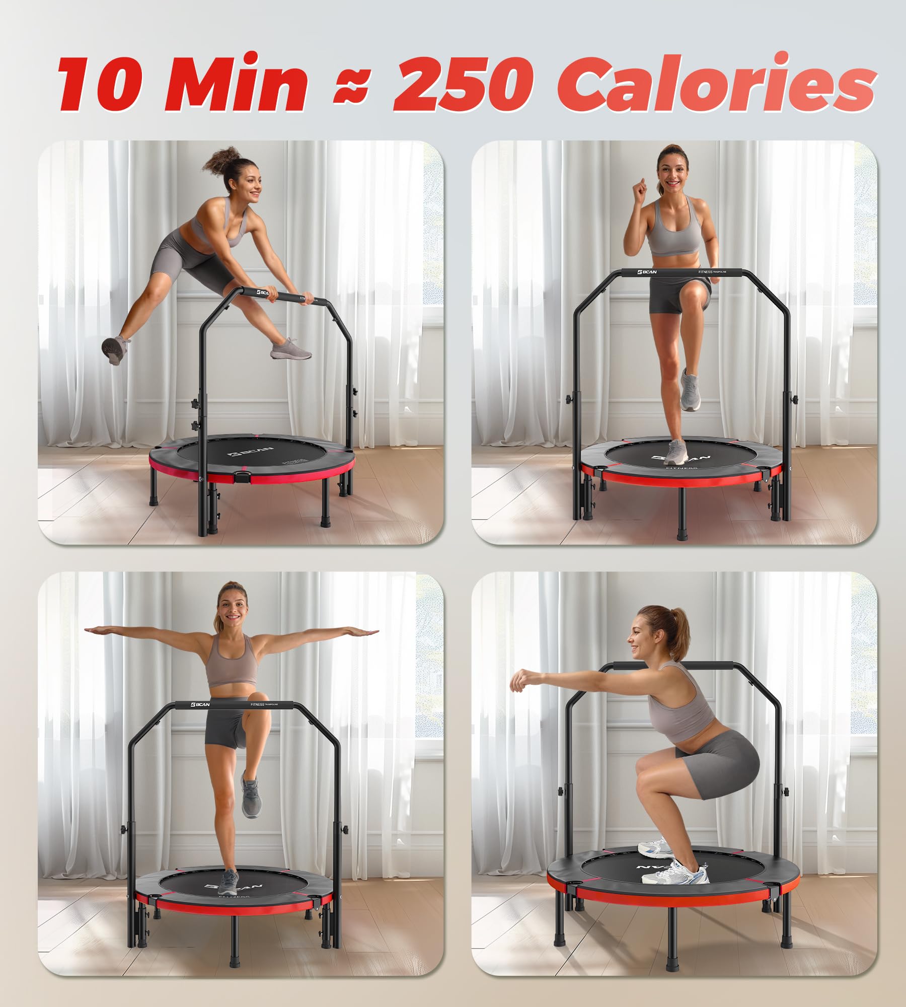 BCAN Trampolina do wnętrz, 102 cm Trampolina do skakania Fitness, składana, nośność 150 kg, wzmocniona sprężyna, regulowany uchwyt z wyściółką piankową, odpowiednia dla dorosłych i dzieci
