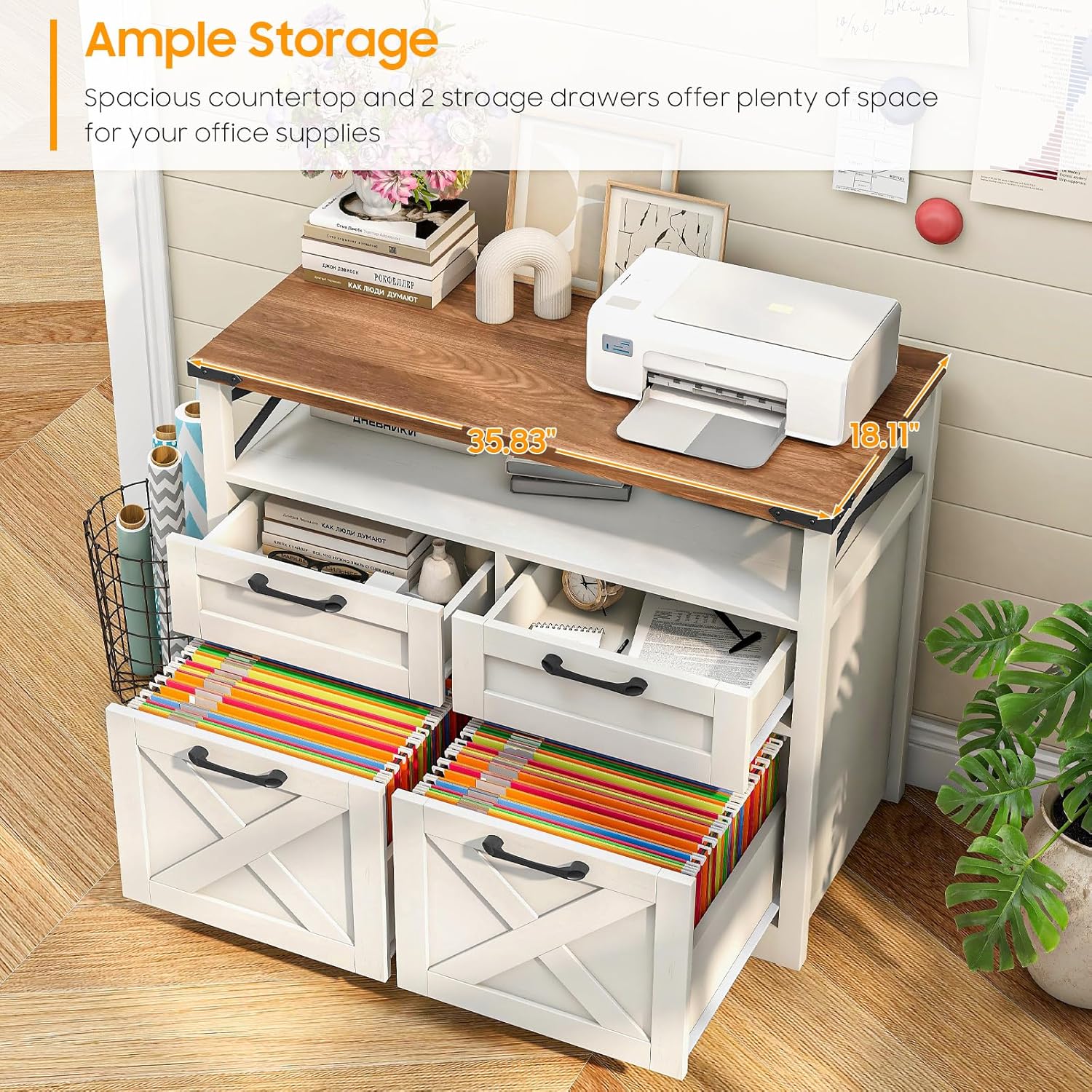 Farmhouse 4 Drawer File Cabinet with Open Storage Shelf, Lateral Filing Cabinet Fits Letter/A4/ Size, Home Office Filing Organizer, Document Storage Printer Stand for Home and Office,Uunique White