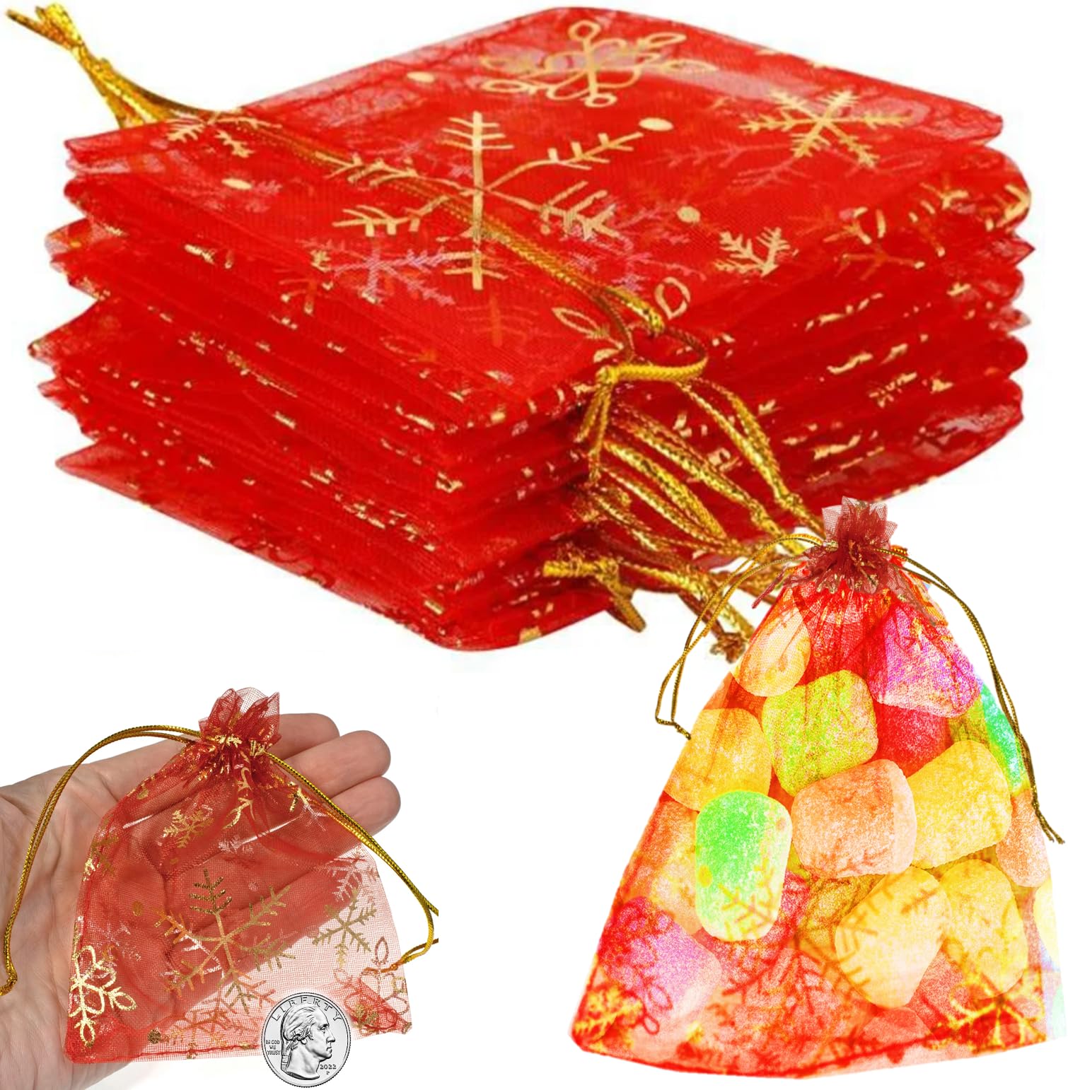 TEXASDELUXE Red Gold Snowflake Small Organza Bags with Drawstring 2x3 40 pack Tiny Small Drawstring Bags 2x3 for Party Wedding Goodies Candies &