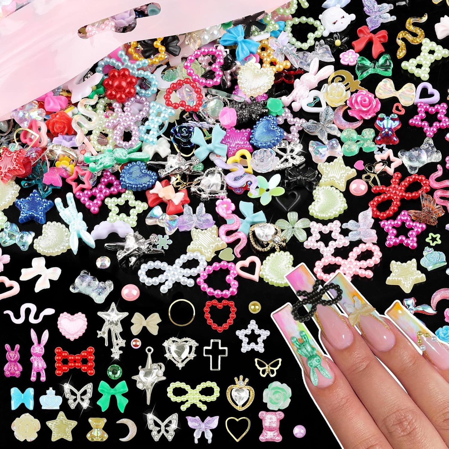 600Pcs Cute 3D Nail Charms and Gems, Colorful Rabbit Bow Charms Alloy Butterfly Heart Star Nail Jewels with Nail Rhinestones Mixed Gold Nail Studs Charms and Glitter Nail Sequins for Nail (Rainbow) 600Pcs Cute 3D Nail Charms and Gems, Colorful Rabbit Bow Charms Alloy Butterfly Heart Star Nail Jewels with Nail Rhinestones Mixed Gold Nail Studs Charms and Glitter Nail Sequins for Nail (Rainbow)