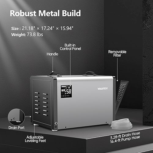Miniatura 7 de Yaufey Deshumidificador comercial de 158 pintas con bomba y manguera de drenaje para espacio de rastreo, sótanos, espacio industrial, gran espacio