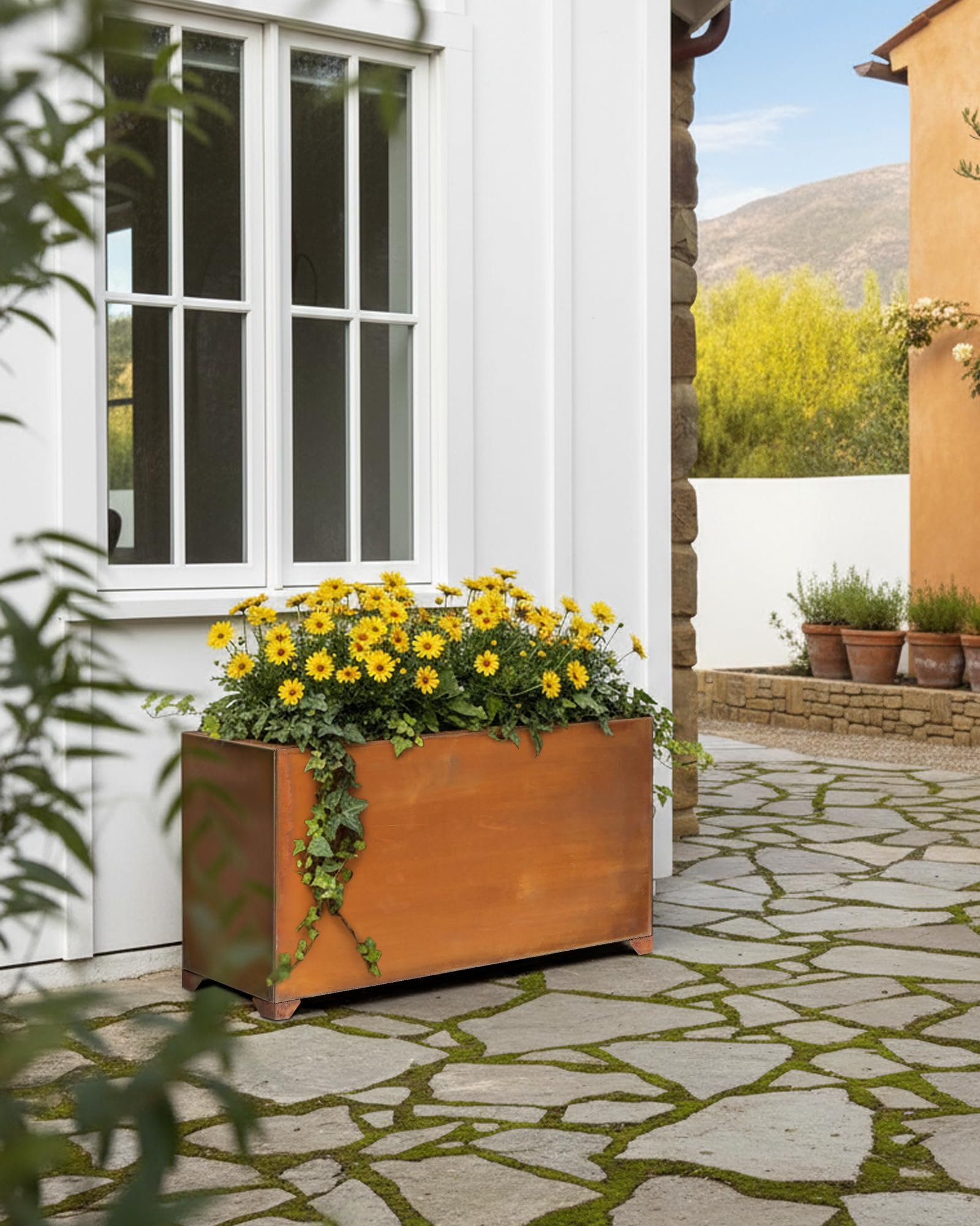onlyfire Pflanzkübel Groß Außen, Stahl Pflanzkasten Rechteckig, Blumentopf Gross Draussen, Ideal für Garten, Terrasse, Balkon und Wohnräume, Blumenkasten mit Abflusslöchern, Vintage Blumenkübel XXL