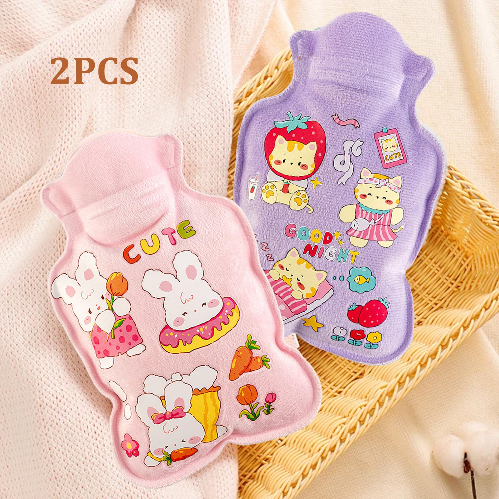 2 PCS 600ml Bolsa Agua Caliente, Botella Agua Caliente Dibujo Animado Adorable, Saco de Aguas Quente, Hot Water Bottle with Cover para Dolor de Espalda, Lumbares, Vientre, Manos