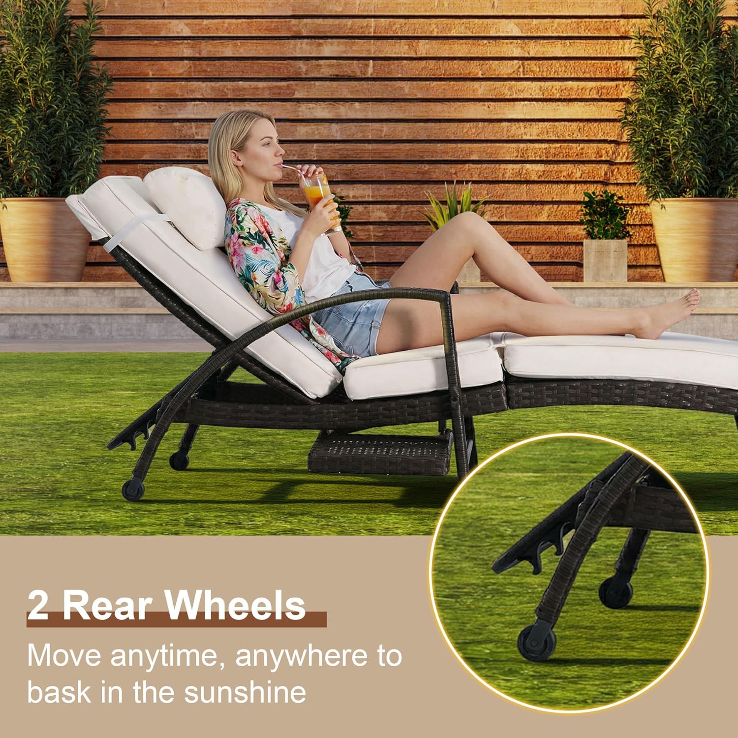 Chaise Lounge Chairs Set of 2, 6-Position Adjustable Outdoor Recliner with Side Table & Wheel,All-Weather PE Rattan Wicker Patio Lounge Chair With Removable Cushion for Poolside Backyard Beach (White)