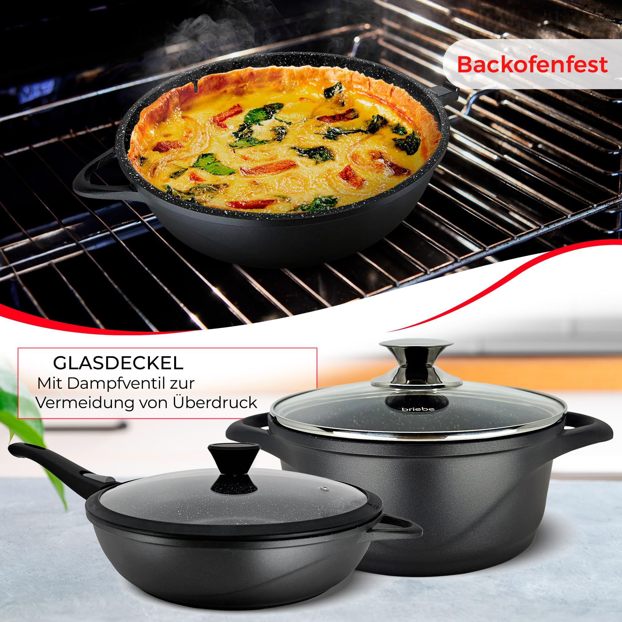 briebe Induktions-Kochgeschirr-Set 12 Teile, Set mit 4 Töpfen aus Aluminiumguss + 2 Pfannen, Antihaftbeschichtung ILAG GRANITEC ohne PFOA, Kasserolle-Set mit Glasdeckeln, Silikonhandschuhe