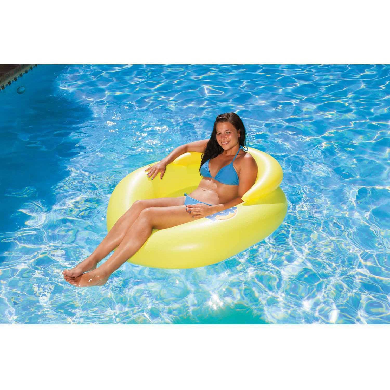 Poolmaster Yellow Water Pop Mesh Pool Lounge, deflated and inflated views