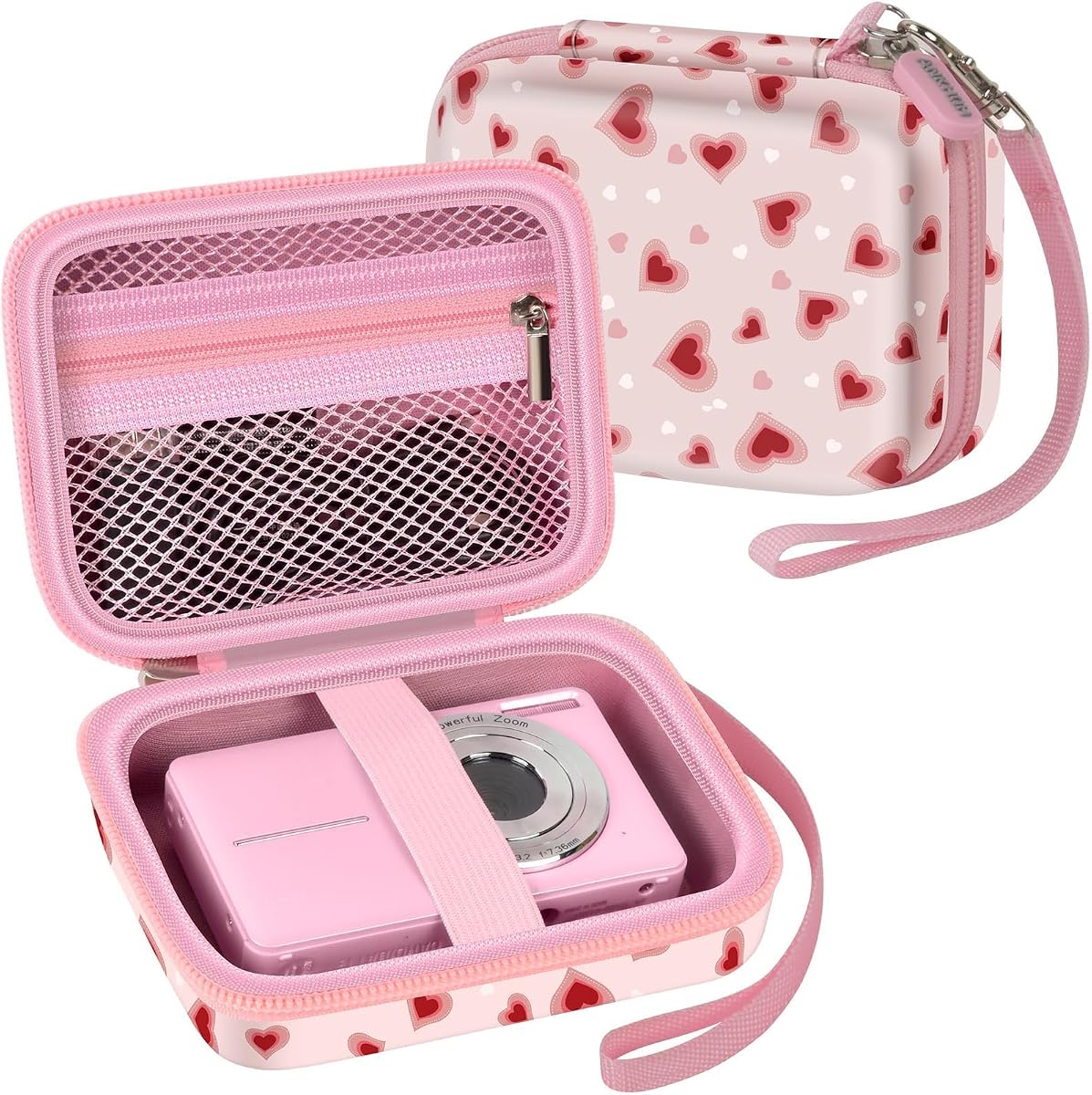 Digital Camera Case for KODAK PIXPRO FZ55/FZ45, for CAMKORY, for Canon PowerShot ELPH 180/190/360,for Sony DSCW800/W830, Hard EVA Compact Camera Bag with Mesh Pocket,Wrist Strap,Case Only(Light Pink)
