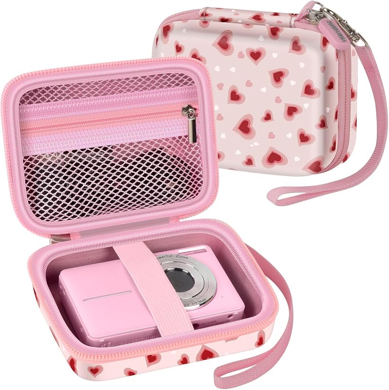 Digital Camera Case for KODAK PIXPRO FZ55/FZ45, for CAMKORY, for Canon PowerShot ELPH 180/190/360,for Sony DSCW800/W830, Hard EVA Compact Camera Bag with Mesh Pocket,Wrist Strap,Case Only(Light Pink)