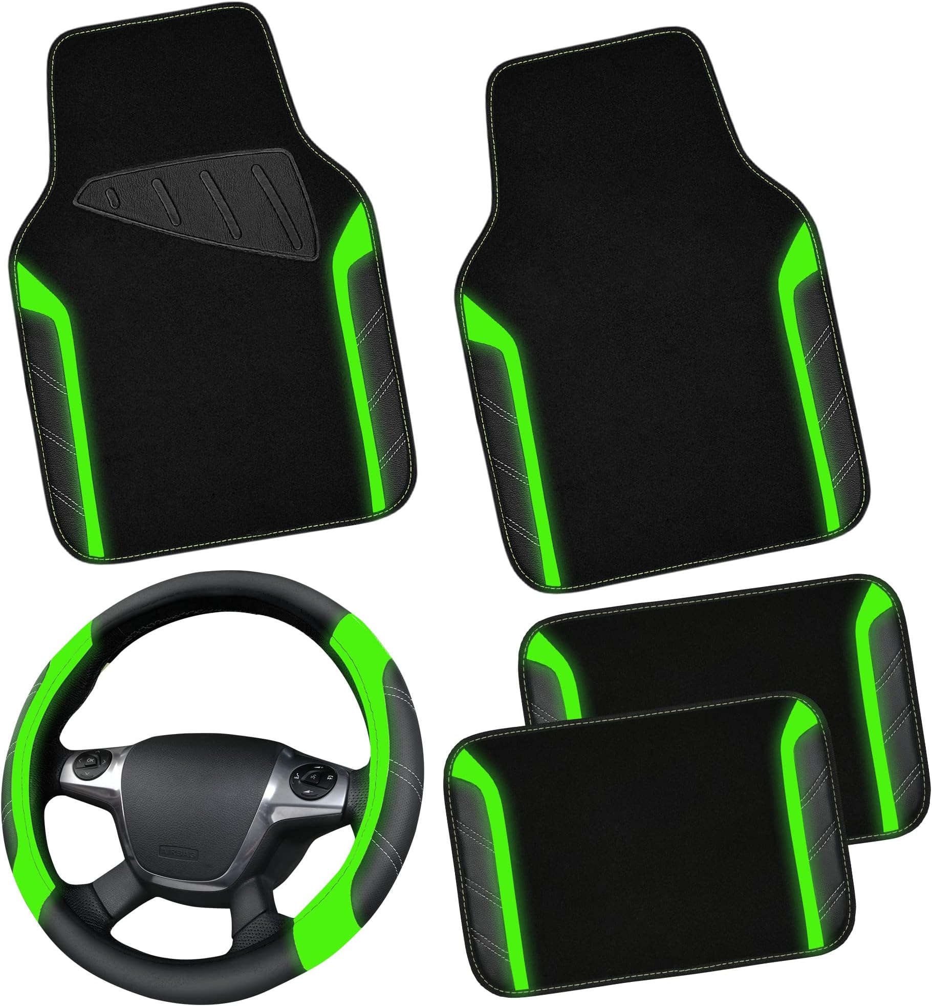 CAR PASS Leather Steering Wheel Cover and Waterproof Car Floor Mats,Microfiber Universal Car Combo Fit for 95% Sedan,SUV,Cars,14.5-15inch Sporty Anti-Slip Comfortable Design(Black＆Fluorescence Green)
