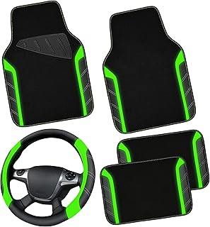 CAR PASS Leather Steering Wheel Cover and Waterproof Car Floor Mats, Microfibre Universal Car Combo Suitable for 95% Trucks SUVs Cars 36.8-38.1 cm Sporty Non-Slip Design (Black Fluorescence Green)