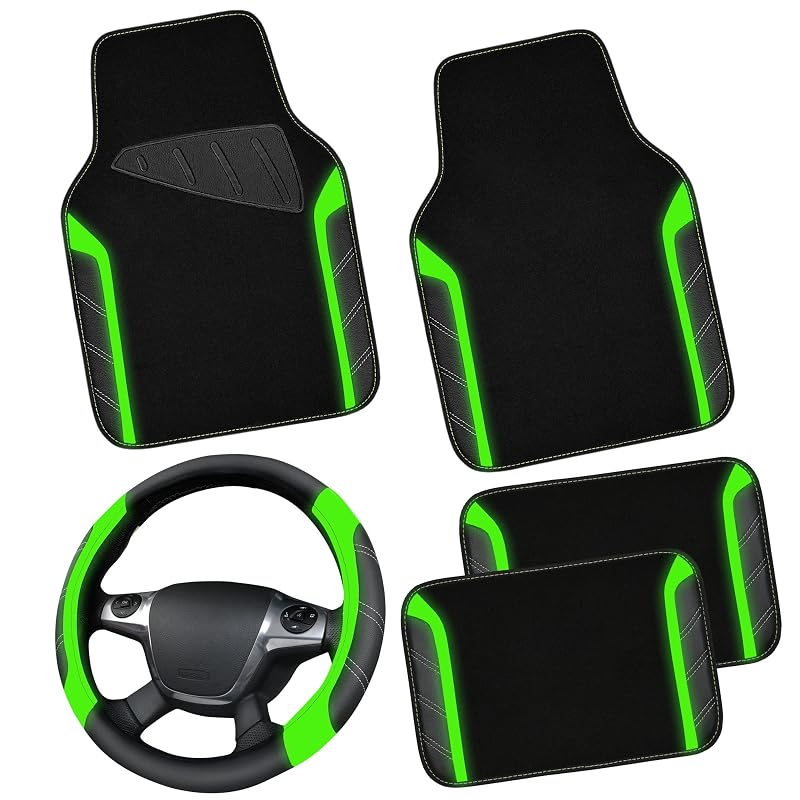 Kit CAR PASS com capa para volante e tapetes automotivos em microfibra preto e verde fluorescente, para volantes de 36,8–38,1 cm, 5 peças