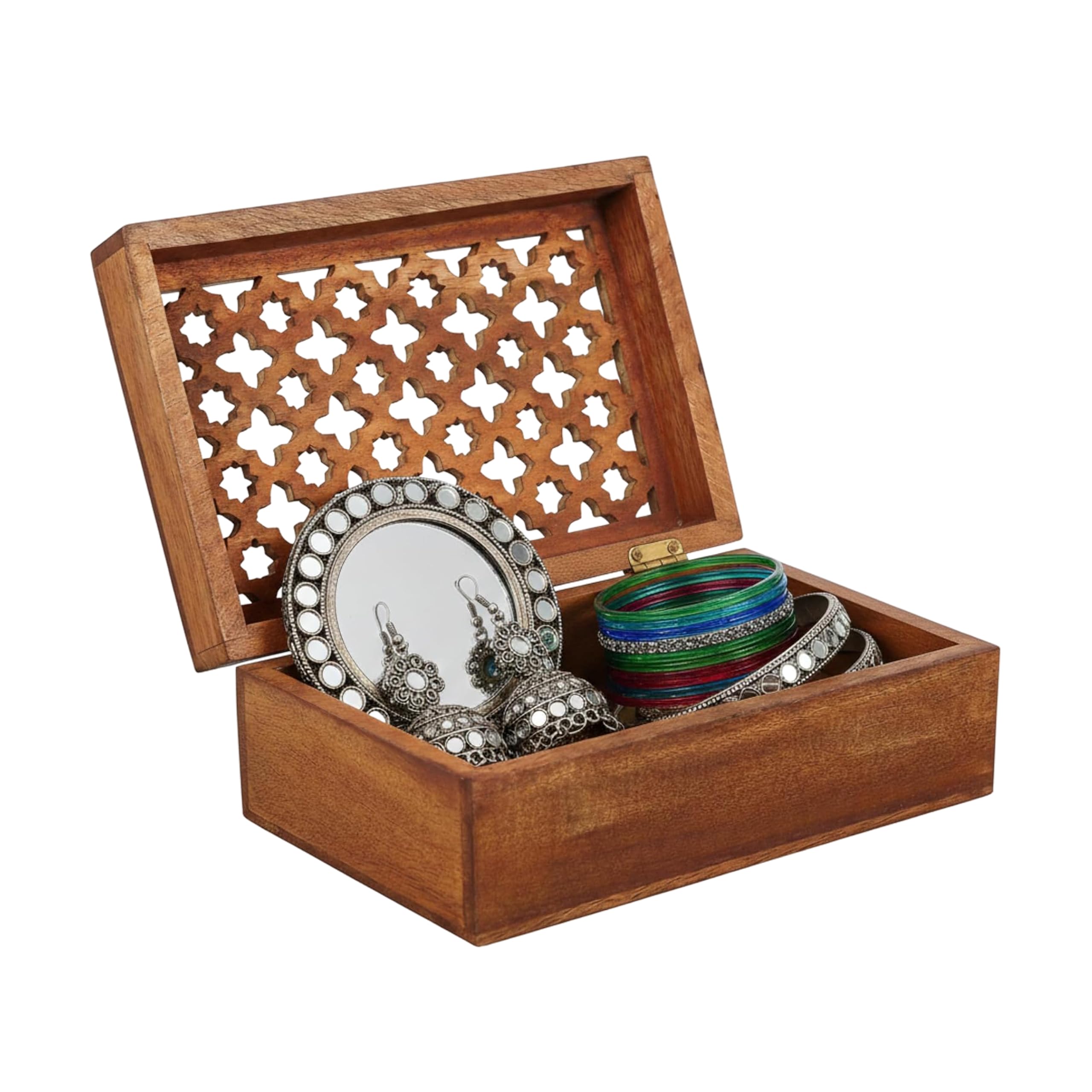 Mela Artisans Caja de recuerdo mediana con tapa de enrejado con bisagras, pulido medio, caja decorativa de madera, caja de recuerdos de recuerdo, caja de almacenamiento de madera de mango, almacena