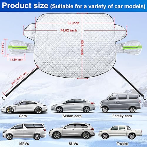 Miniatura 7 de Cubierta de nieve para parabrisas de automóvil para hielo con protección de 5 capas, protector de parabrisas de invierno con bordes magnéticos,