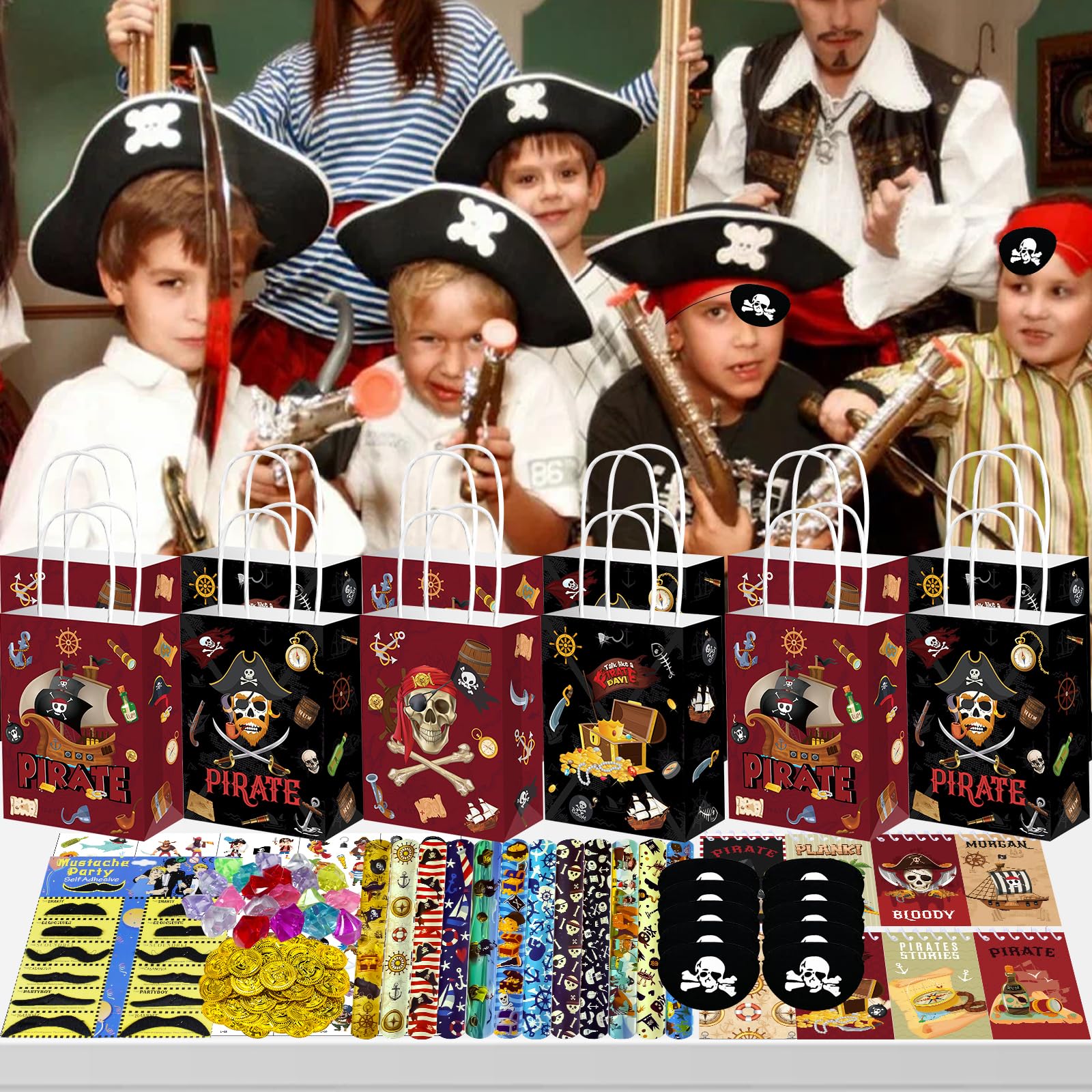 PQKL Party: Set di regalini pirata per compleanno bambini, festa dei pirati, sacchetti regalo, taccuino baffi, bracciale a scatto, adesivo per la nascita dei bambini