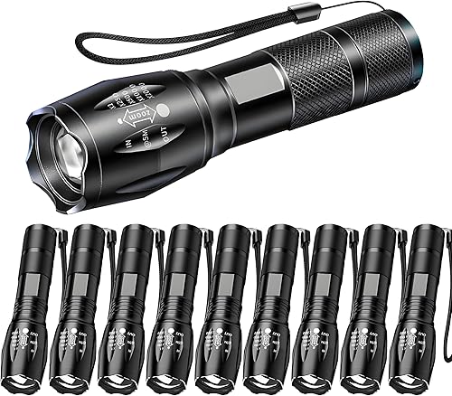 Paquete de 10 linternas LED, linterna táctica brillante de alto lúmenes con 5 modos, luz de flash impermeable con zoom, linterna portátil para