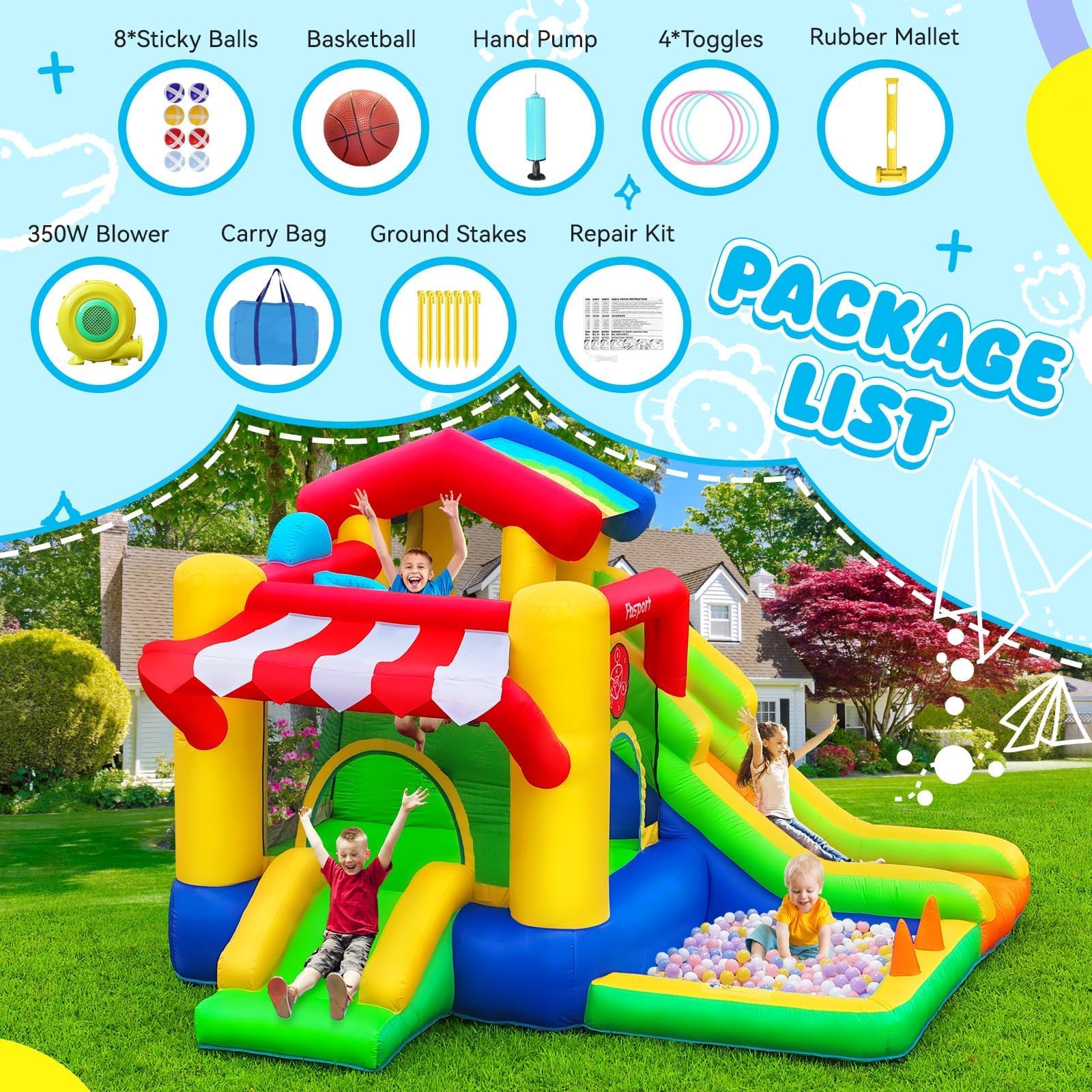 Castello Gonfiabile per Bambini con Doppio Scivolo, Interno ed Esterno | Trampolino, Piscina di Palline, Tiro della palla, Lancio dell'anello, Parete da Arrampicata ,Cesto da Basket, 322×305×208 cm