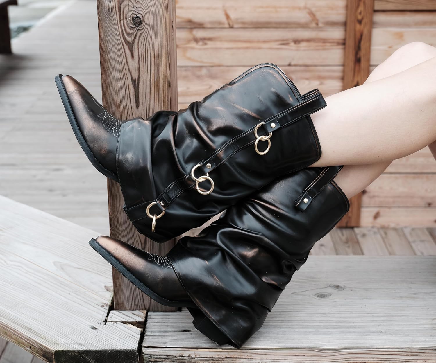 Slouchy Cowboy Boots for Women with Metal Ring Buckle, Pointed Toe Western Boots Mid Calf, Black Distressed Cowgirl Boots, Edgy Biker Moto Boots with Chunky Heel, Fashion Boots for Outfits & Clubwear