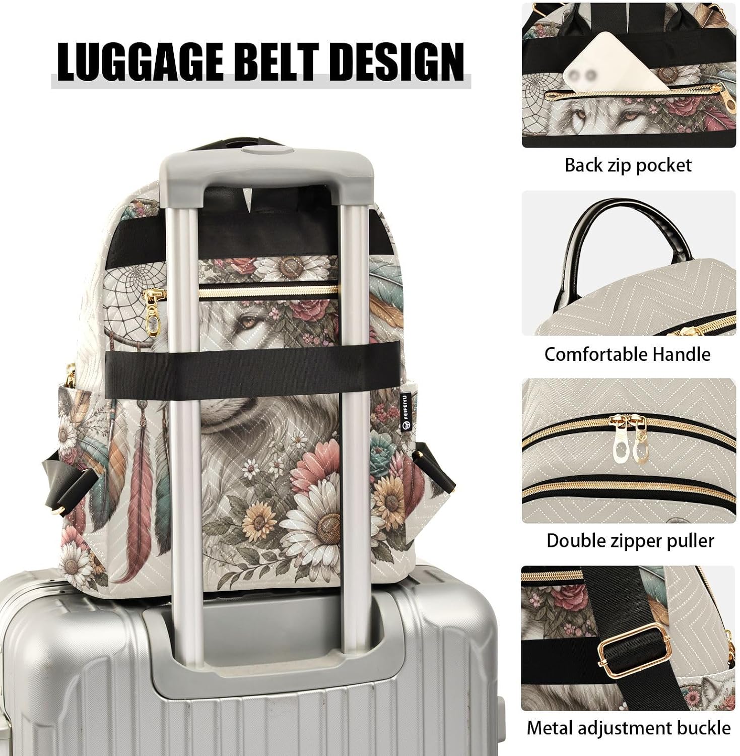 senya Wolf Women Fashion Backpack Purse Flower Dreamcatcher Wolf Backpack Casual Lightweight Travel Shoulder Bag