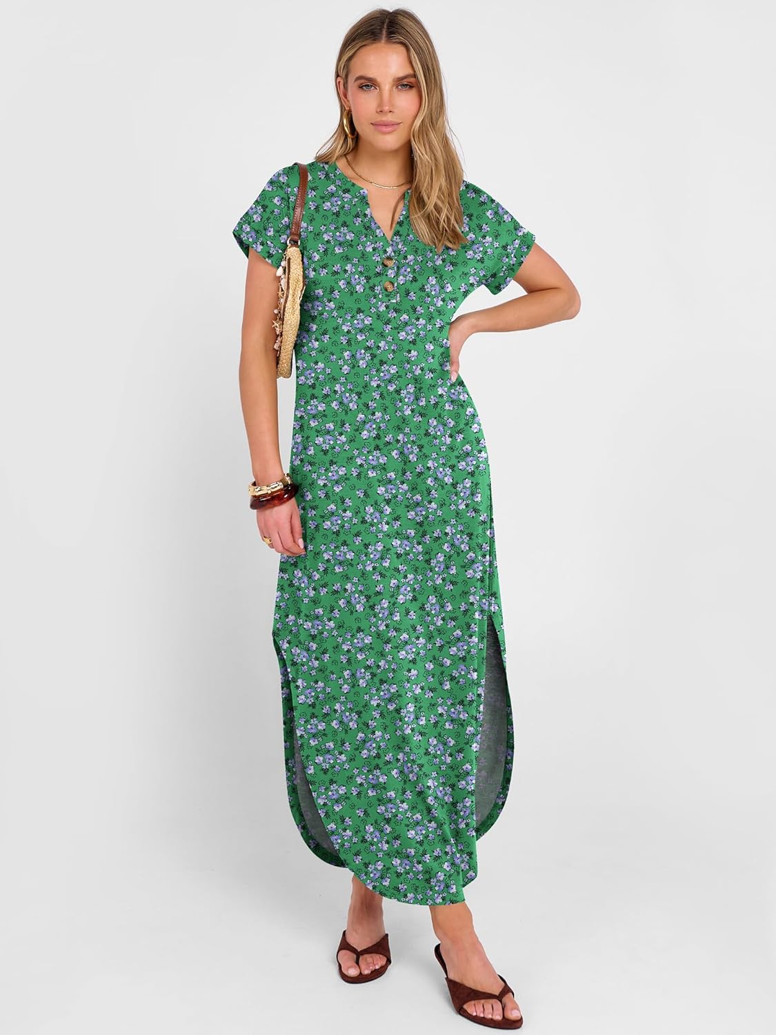 ANRABESS Women Summer Maxi Dress Casual Short Sleeve V Neck Button Up Loose Split Travel Dresses 2026 Beach Vacation Sundress - Image 2