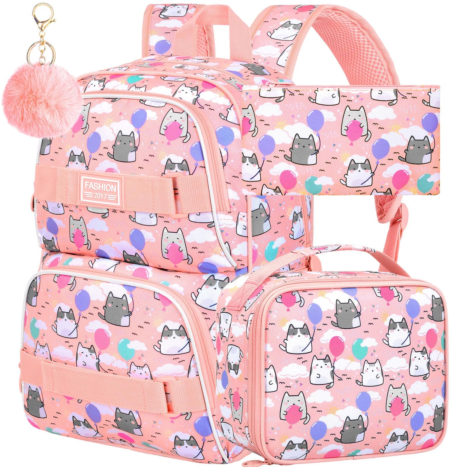 KLFVB Girls Backpack, 17" Cute Cloud Cat Bookbag, Water-Resistant College School Backpacks for Women & Teens (Middle/Primary Students) - Cat Pink