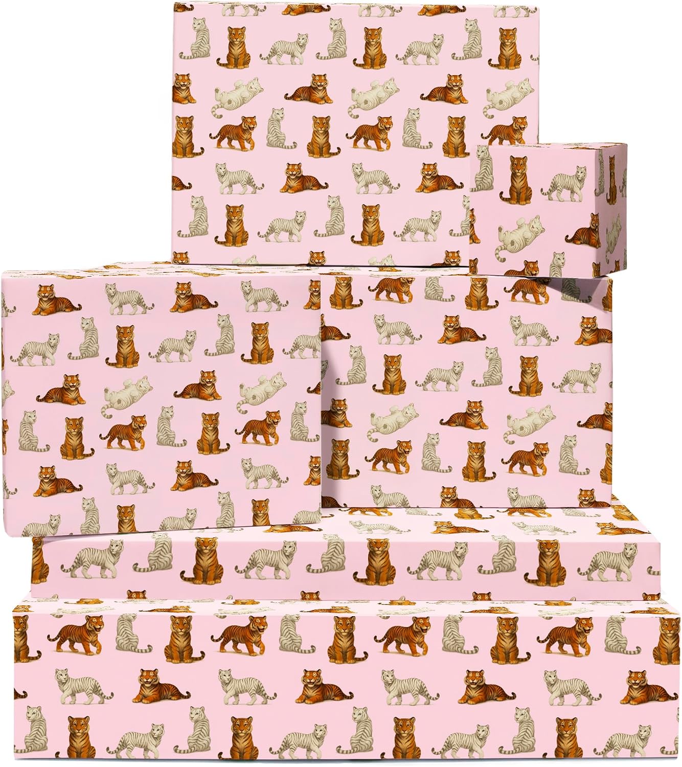CENTRAL 23 Tiger Wrapping Paper - 6 Sheets Gift Wrap for Kids or Friends - Birthday Animal Lovers Theme - Cute Tigers and White Cats on Pink Background - Recyclable - Comes with Tags