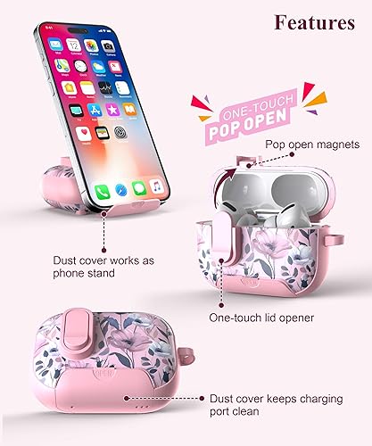 Miniatura 3 de TATOFY Funda para AirPod Pro de 1 y 2 generación con kit de limpieza de mosquetón, funda rígida floral AirPods Pro a prueba de polvo para mujeres,