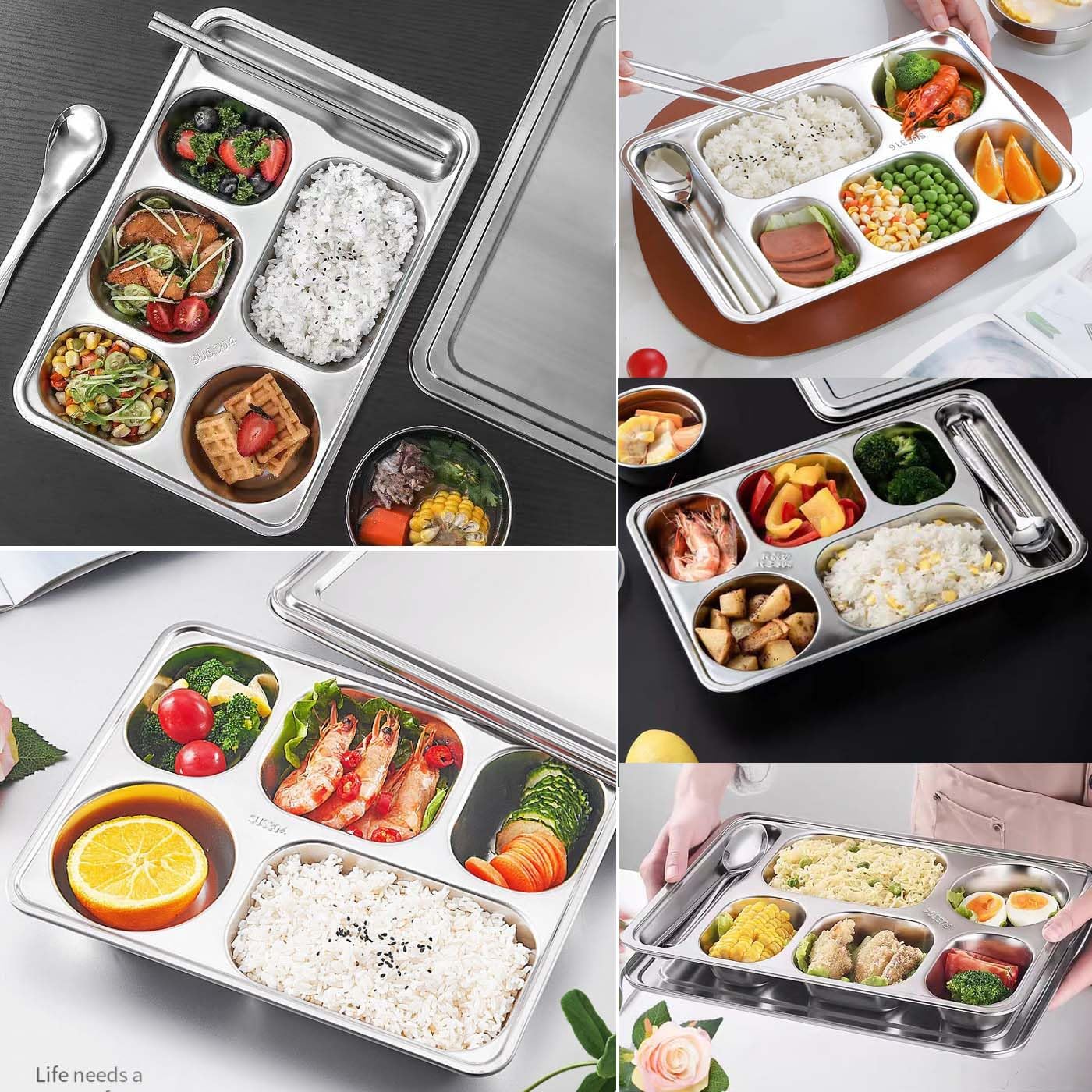 2 Pack Stainless Steel Divided Plates, Large 6 Sections Dinner Plates for Adults,Rectangular Serving Platter for Camping,Unbreakable Divided Portion Plates,Dishwasher Safe,Every Day Use - Image 5