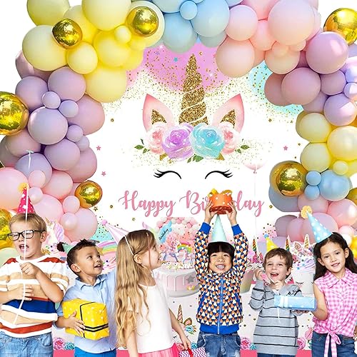 Miniatura 5 de Decoraciones de fiesta de cumpleaños de unicornio para niñas  137 piezas de suministros de fiesta temática de unicornio para niños, decoraciones de