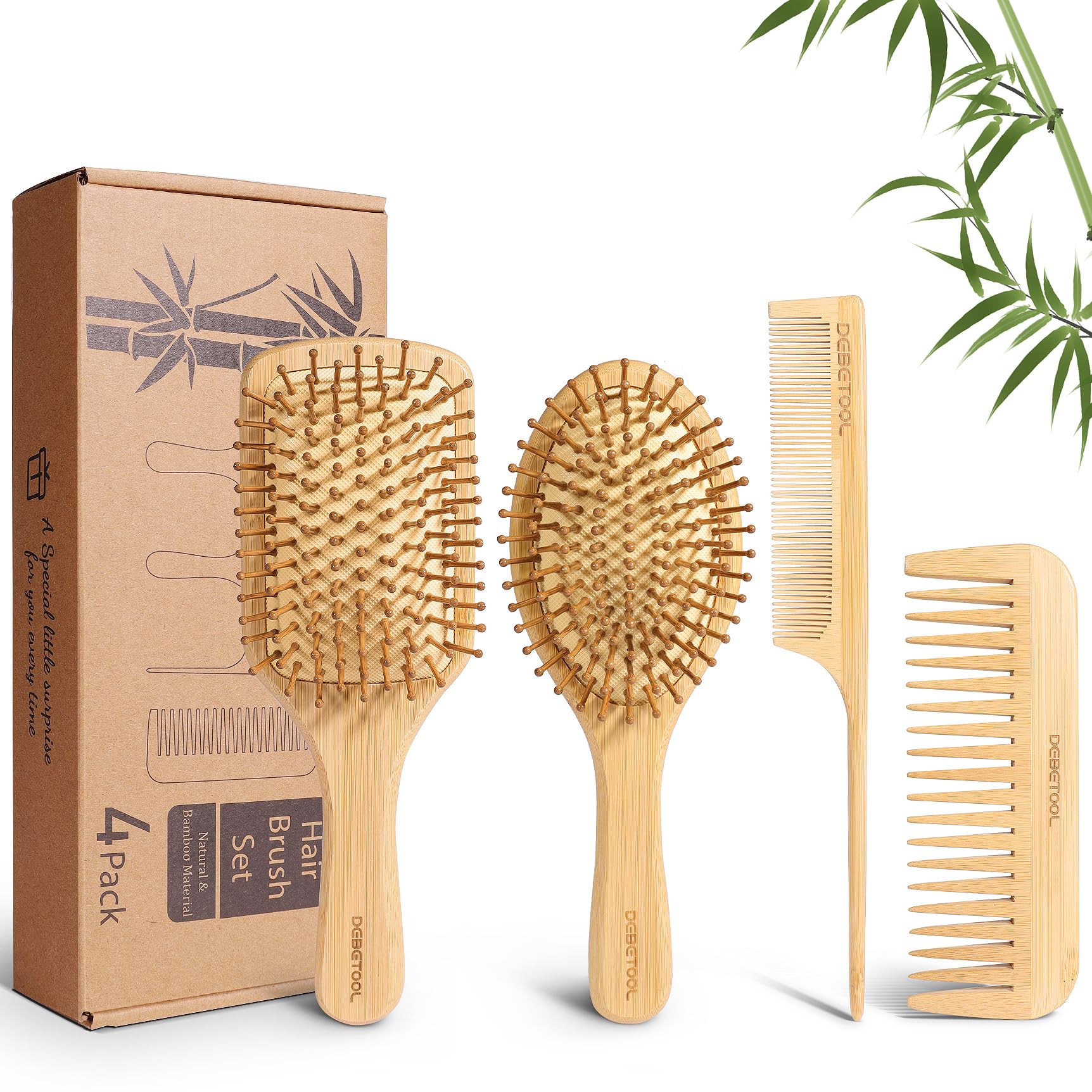 DEBETOOL Juego de cepillo y peine de bambú, cepillo de madera natural y bambú para el crecimiento del cabello con peine de cola de dientes anchos, diseño ergonómico para cabello grueso, fino, rizado,