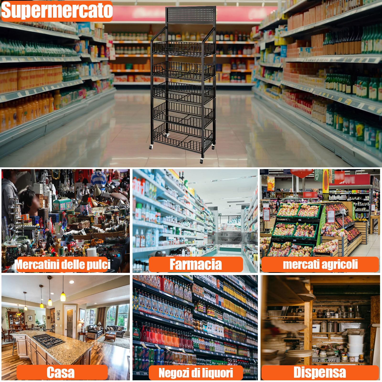 Espositore per snack da supermercato 5 ripiani, espositore per negozi nero indipendente con 12 ganci e 4 ruote, grande scaffale per snack in metallo per attività commerciali