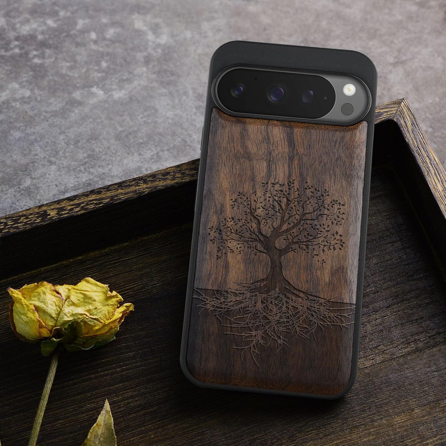 Carveit Magnetic Wooden Case for Google Pixel 9 Pro XL Case, Wood Artisan Engraved & Soft TPU Shockproof Cover, Compatible with MagSafe Wireless Chargers (The Yin Yang Tree) Walnut