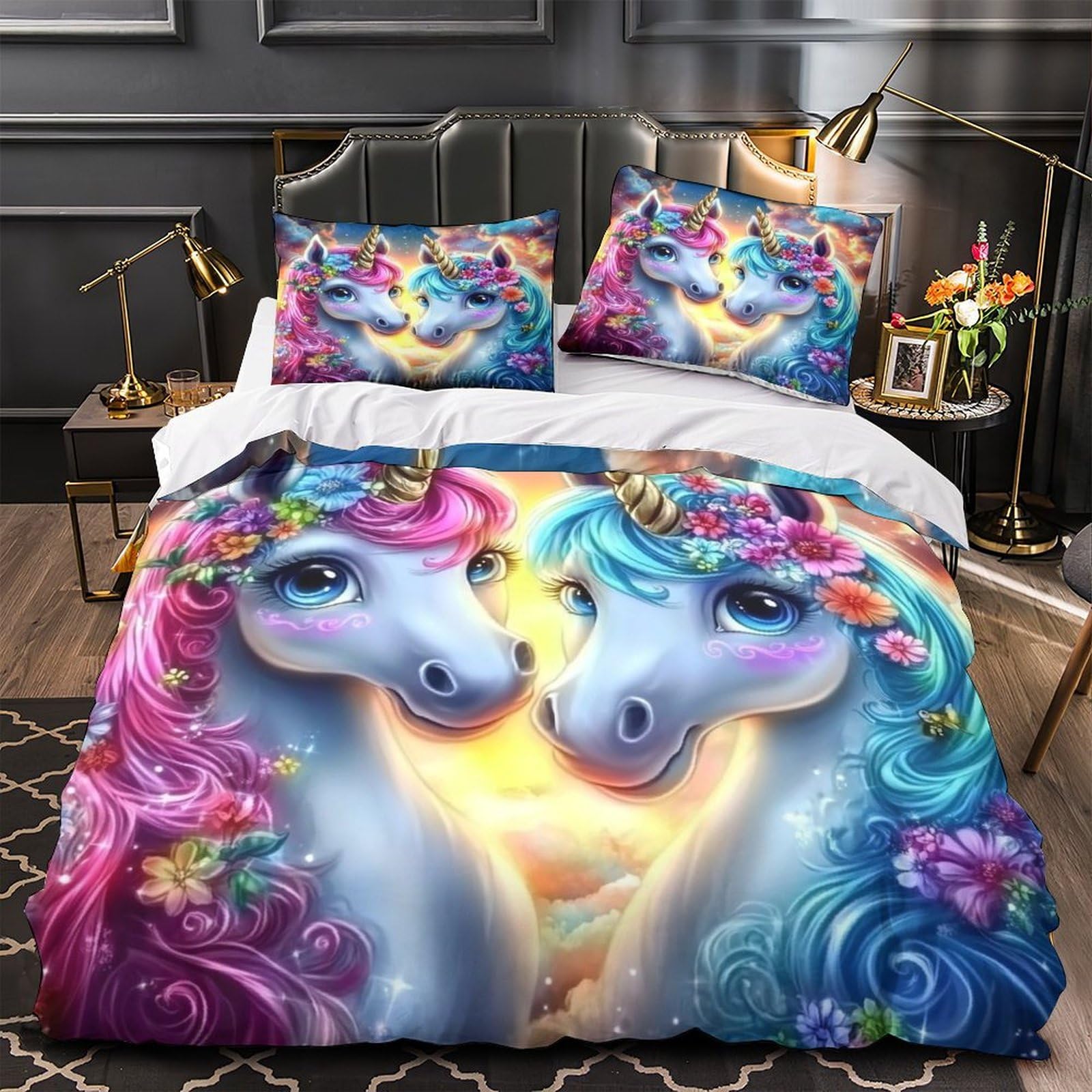 Einhorn-Pärchen 3D Bedruckt Deckenbezug 3teilig Mikrofaser leichtgewichtig Fantasie Deckenbezug 2 Kissenbezüge fleckenfest Kinder Jugendliche Super King（260x220cm）