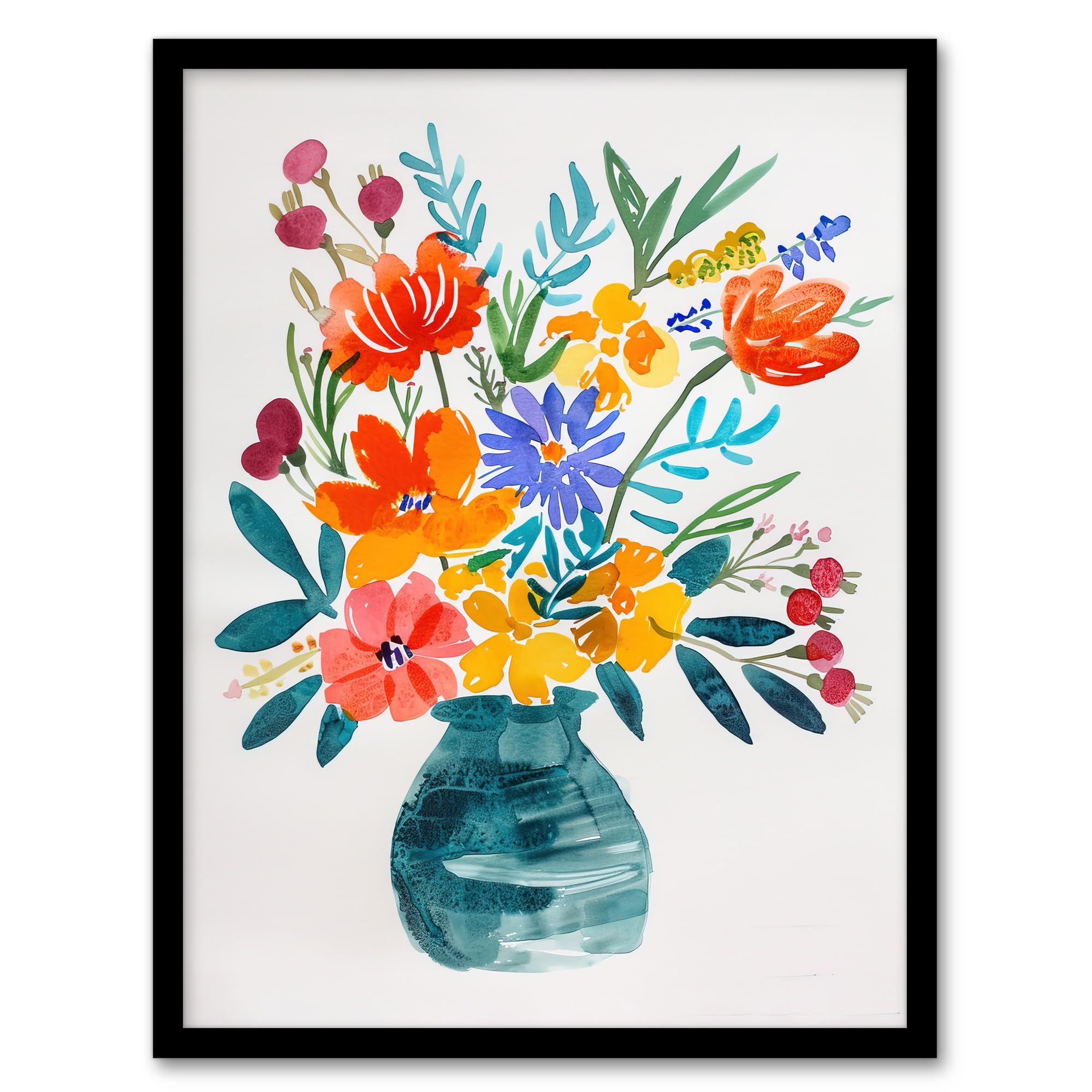 Artery8 - Framed Art Print - Watercolour Flower Bouquet - A4 - Multi
