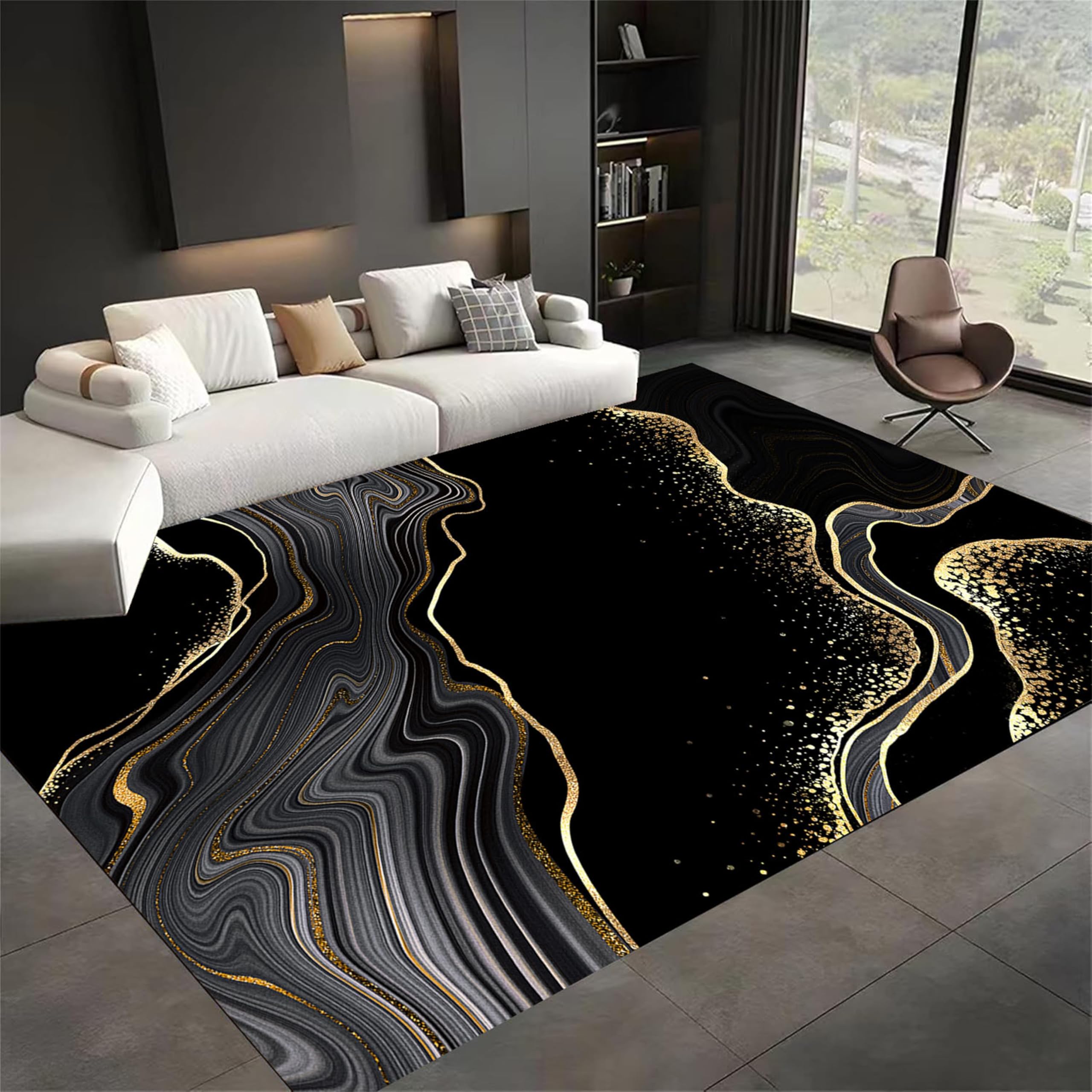 Modern Luxury Black Gold Marble Area Rug,3x4ft,Washable Non-Slip Abstract Design for Indoor Outdoor Soft Lightweight Carpet for Modern Home Decoration