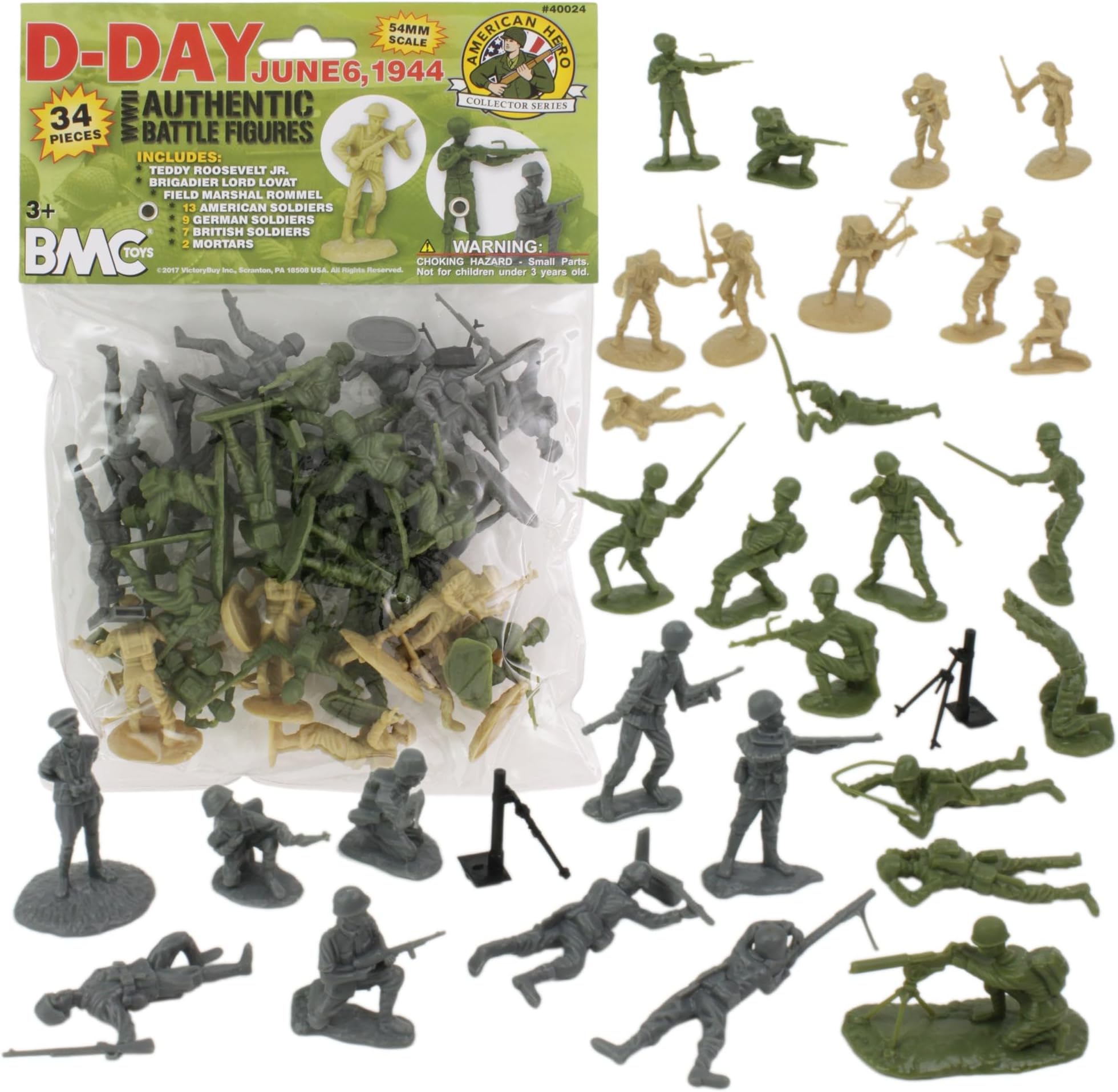 BMC WW2 D-Day Plastic Army Men - 34 American, British, German Soldier Figures