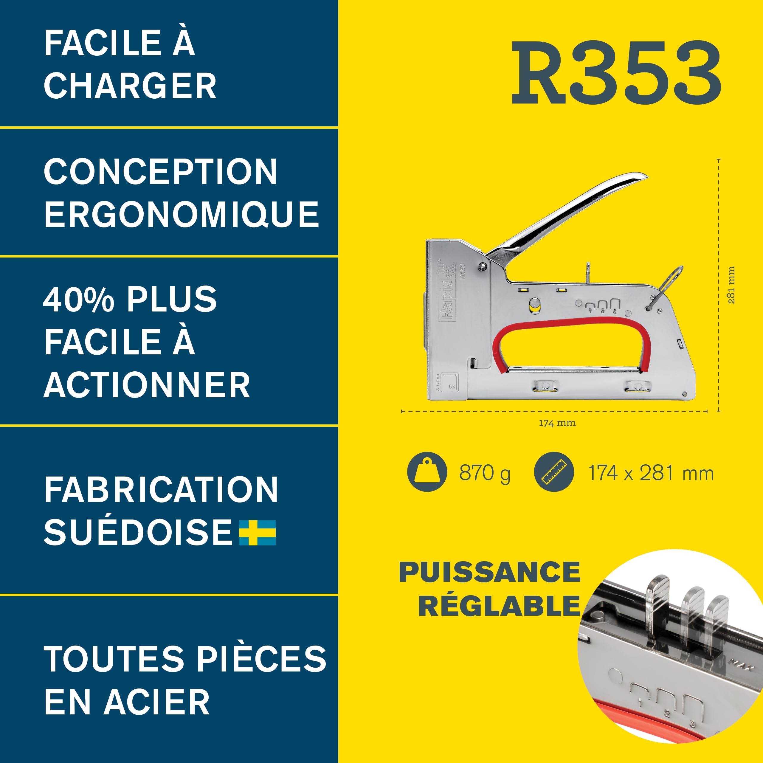Rapid - Agrafeuse PRO R353 pour Agrafes N°53 de 6-14mm, Agrafeuse pour Tissus avec 3 Puissances au Choix, Gâchette Facile à Actionner & Poignée Ergonomique, Fabriqué en Suède, Emballage FSC (5001666)