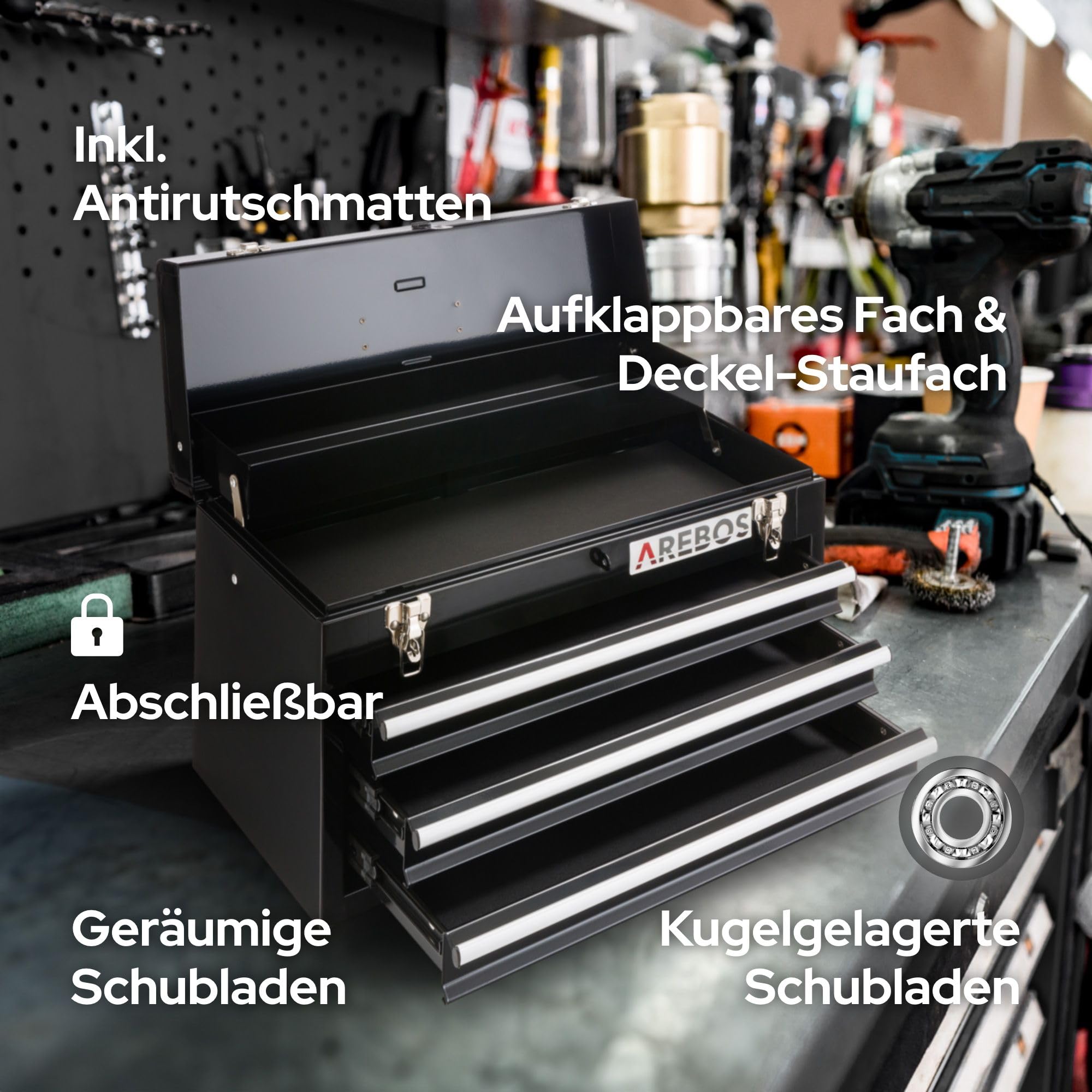 Arebos Werkzeugkoffer mit 3 Schubladen & 2 Ablagefächern 52 x 22 x 30,5 cm | Werkzeugkasten abschließbar | Werkzeugbox inkl. Tragegriff & Schnappverschlüssen | Antirutschmatten | Schwarz