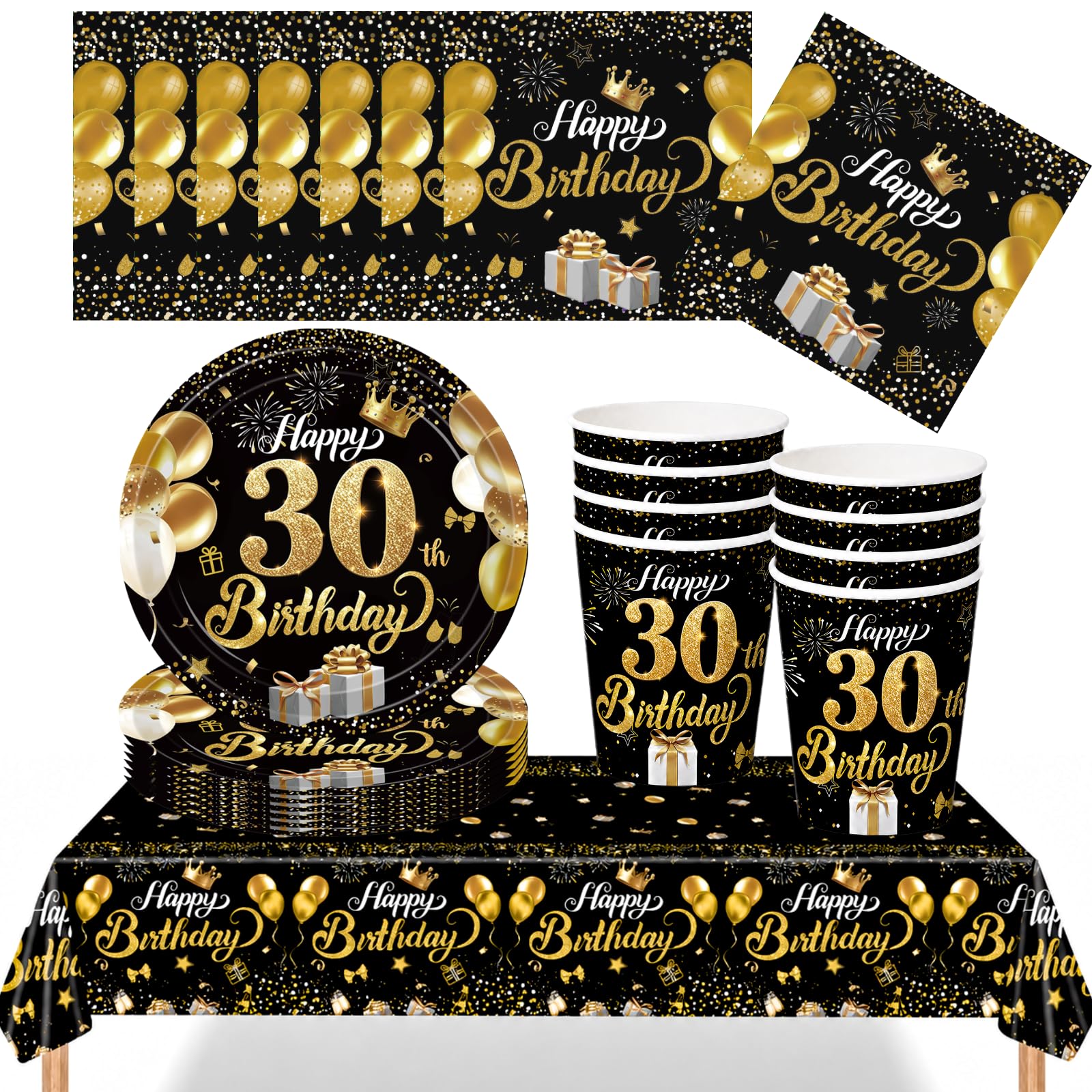 YESAH 30th Birthday Black Gold Party Tableware Set for Celebrations