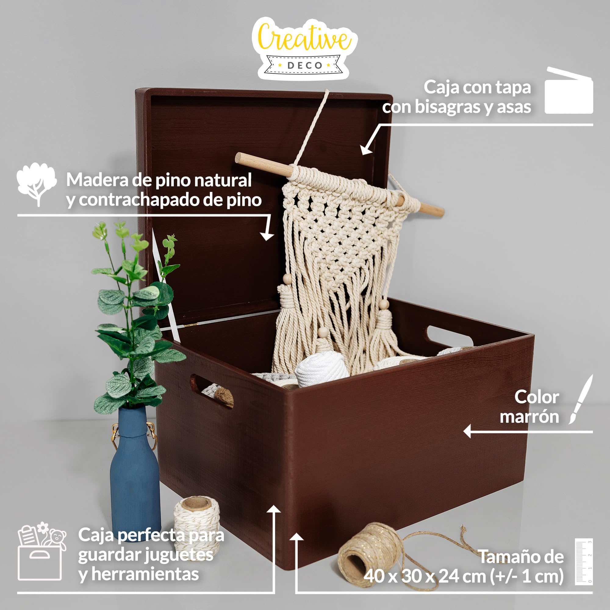Creative DECO XXL Marrón Grande Caja Madera Decorativa Almacenaje | Con Tapa y Asas | 40 x 30 x 24 cm (+/-1cm) | Cofre Decorar Regalo Decoupage | Juguetes, Documentos, Objetos, Herramientas