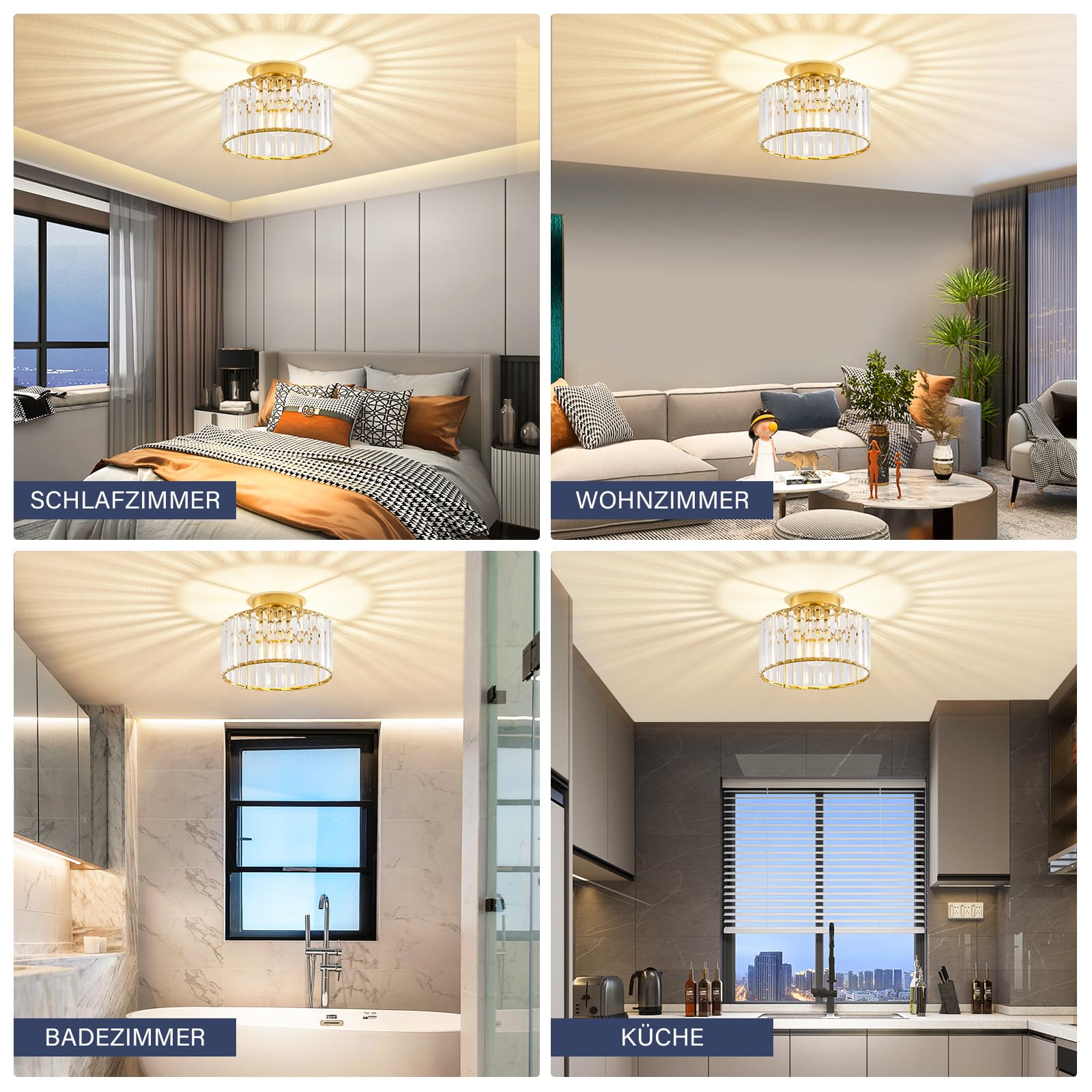 Qamra Moderne Deckenleuchte Gold Kristall Lampenschirm 27CM | Deckenlampe Metall Rund Hängend Lampe für Schlafzimmer Wohnzimmer Küche Flur Esszimmer E27(Glühbirnen nicht enthalten)