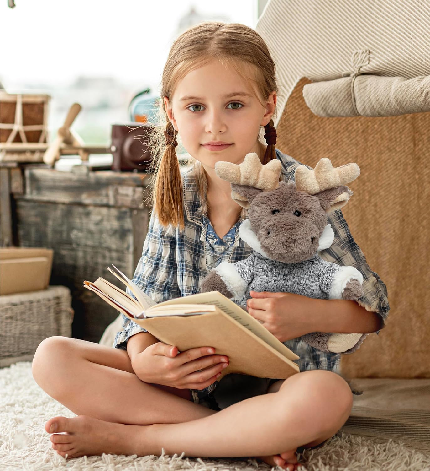 Puzzled DolliBu Plush Moose Stuffed Animal - Soft Plush Sitting Moose with Gray Hooded Sweater, Adorable Huggable Moose Plush Toy for Kids and Adults - 9 Inches