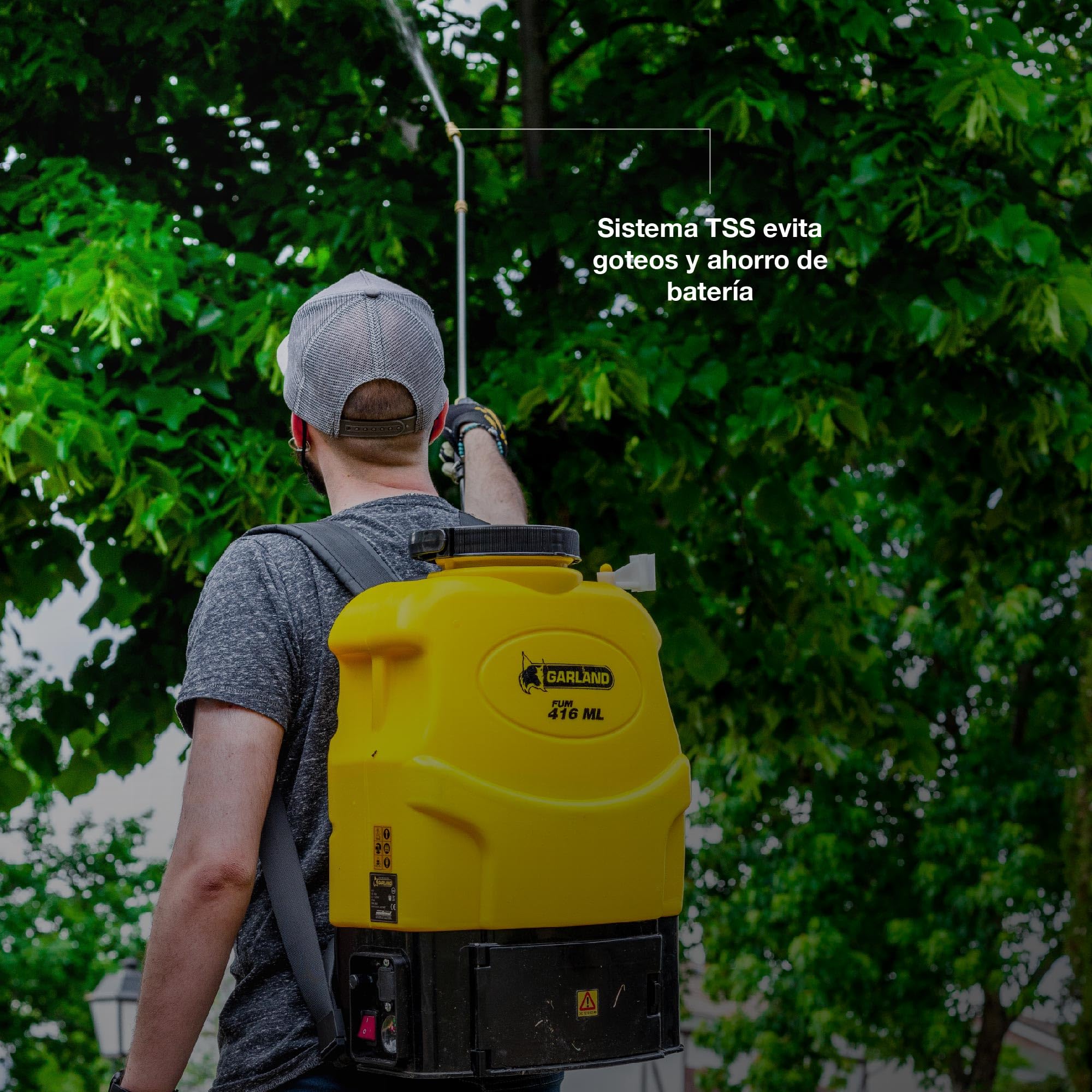 GARLAND FUM 416 ML-V23 - Pulverizador Mochila batería 16L, fumigadora batería Litio 12V 12Ah, Lanza y 4 boquillas, Sistema TSS, autonomía 7h, voltímetro, Recargable