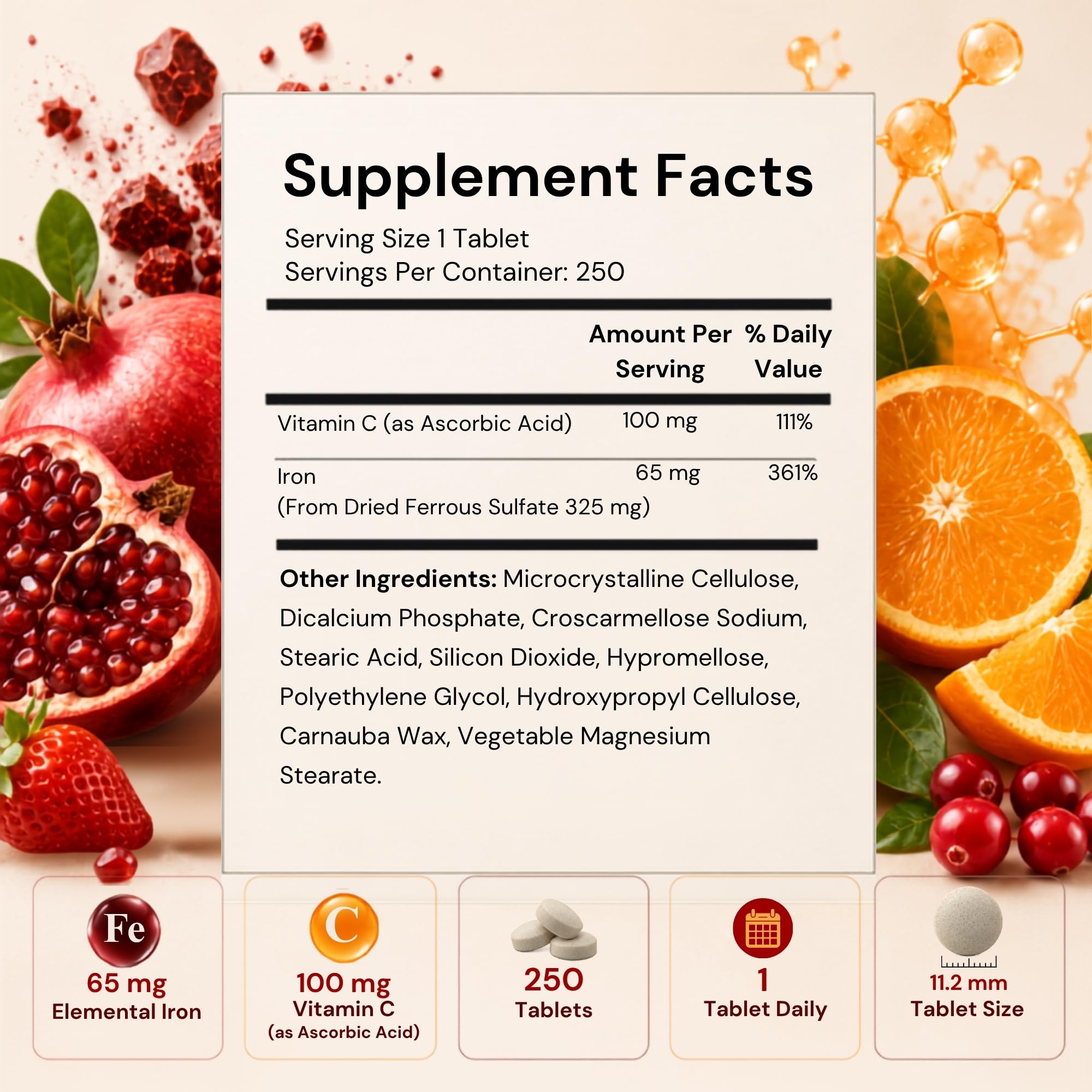 Vitamatic Ferrous Sulfate 325 mg with Vitamin C 100 mg (65 mg Elemental Iron) Coated Tablets – High Potency Iron Supplement – No Artificial Colors – Made in USA — Amazon image 2