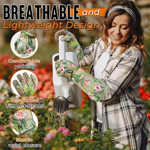 Miniatura 76 de HANDLANDY - Guantes de jardinería para poda de rosales para hombres y mujeres, guantes largos a prueba de espinas, de cuero de cerdo, transpirables