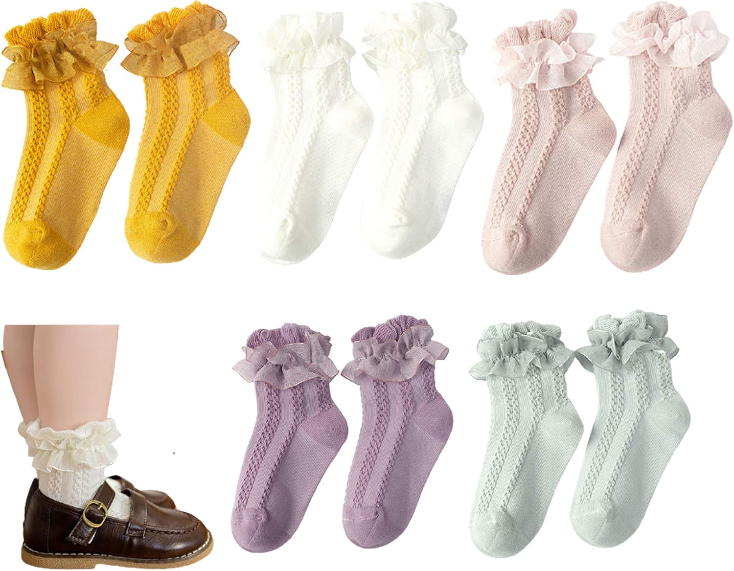 5 pairs Baby Girls Ruffle Socks, Kids Toddler Frilly Lace Ruffle Dress Cotton Socks
