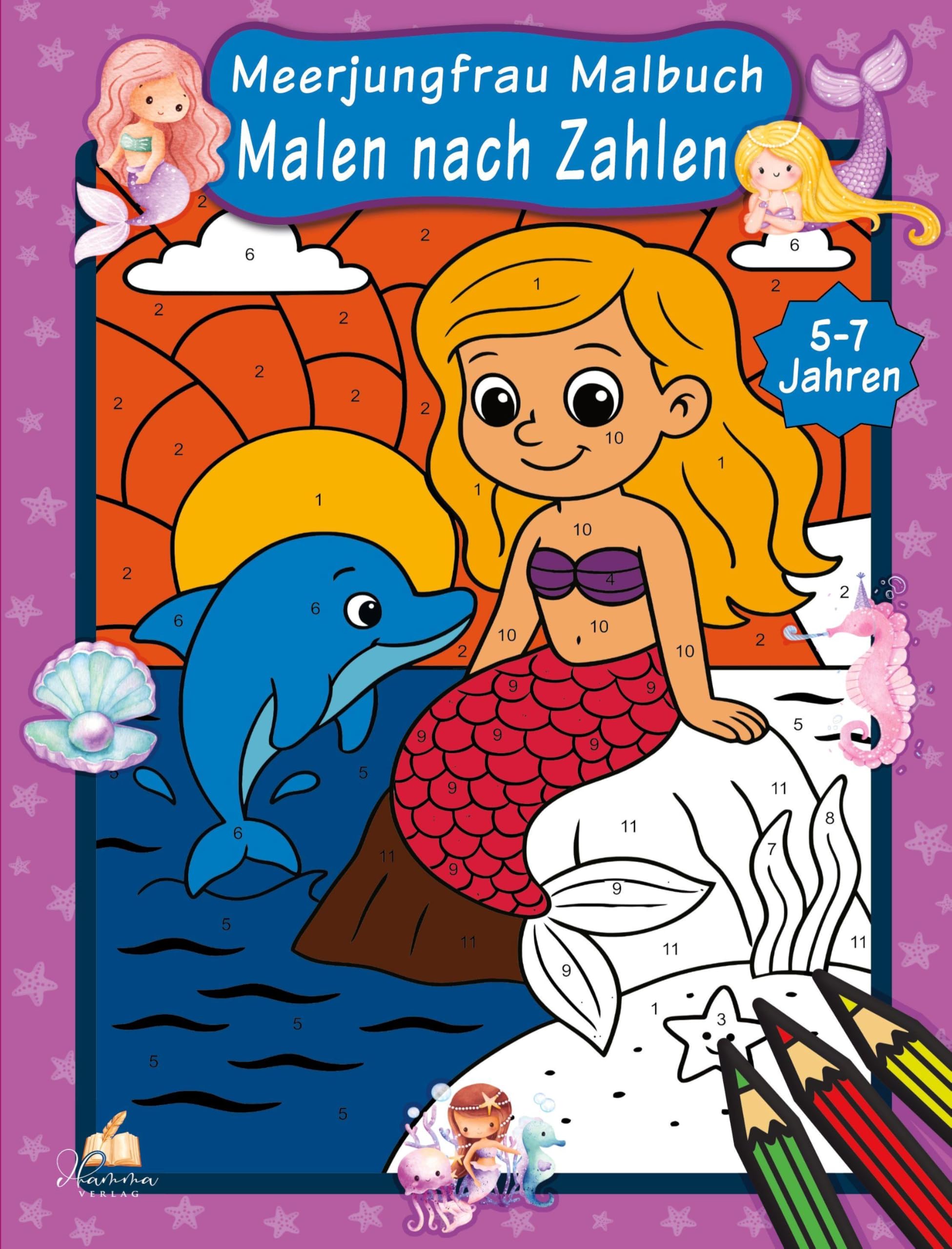 dhamma Verlag Malen nach Zahlen Meerjungfrau Malbuch | 50 Ausmalbilder und Farbschablone
