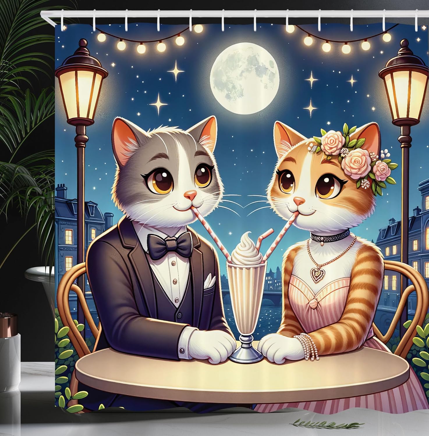 Ambesonne Cat Shower Curtain, Romantic Date Night of Kitties Drinking Milkshake Cozy Night Scene Valentines, Cloth Fabric Bathroom Decor Set with Hooks, 69" W x 75" L, Dark Blue Apricot