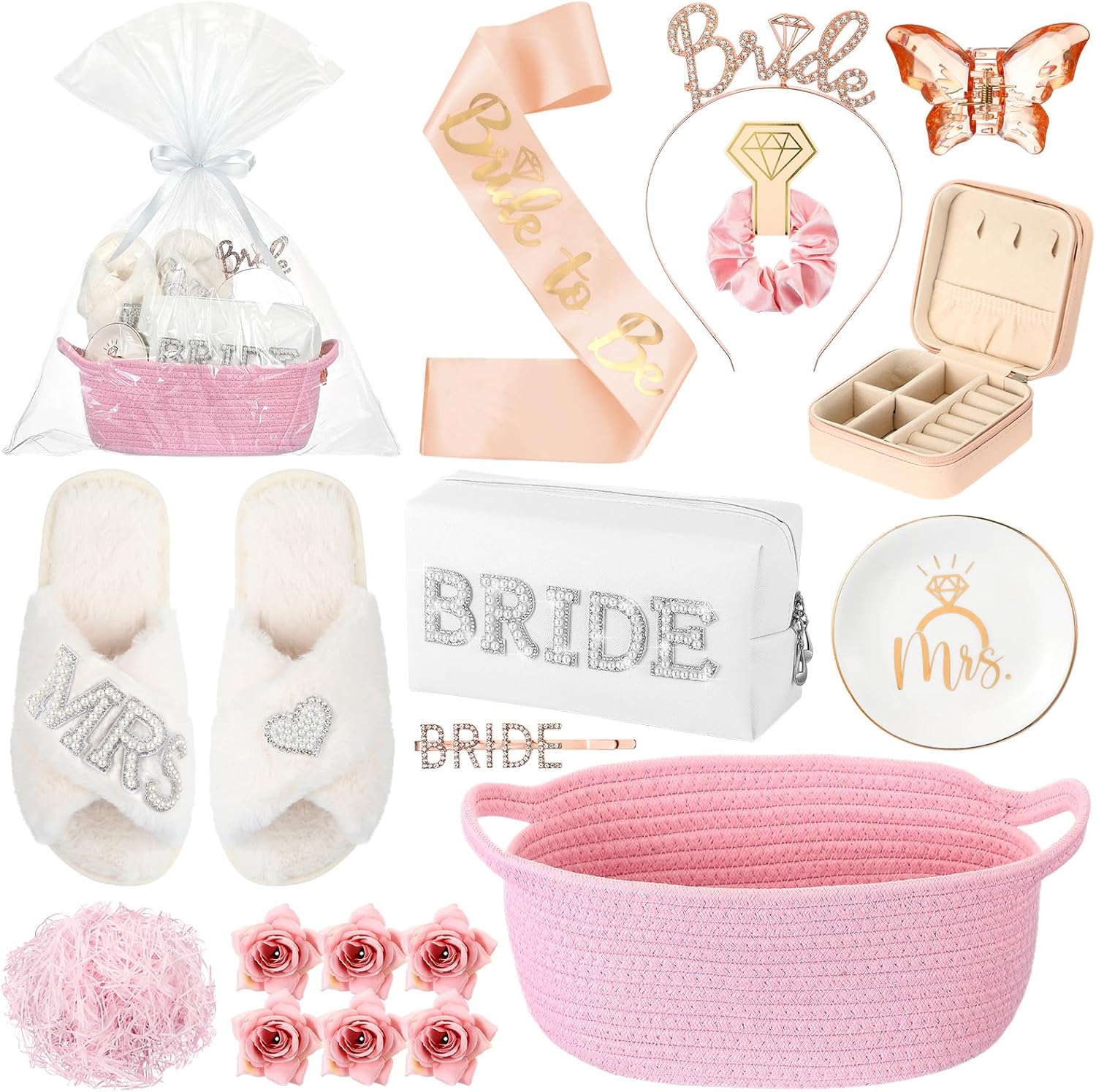 Baderke 17 Pcs Bride to Be Gift Basket for Bridal Shower, Bridal Box with Basket, Makeup Bag, Slippers, Headband, Sash, Mrs Ring Dish, Jewelry Box and More for Wedding Engagement Gift(Pink)